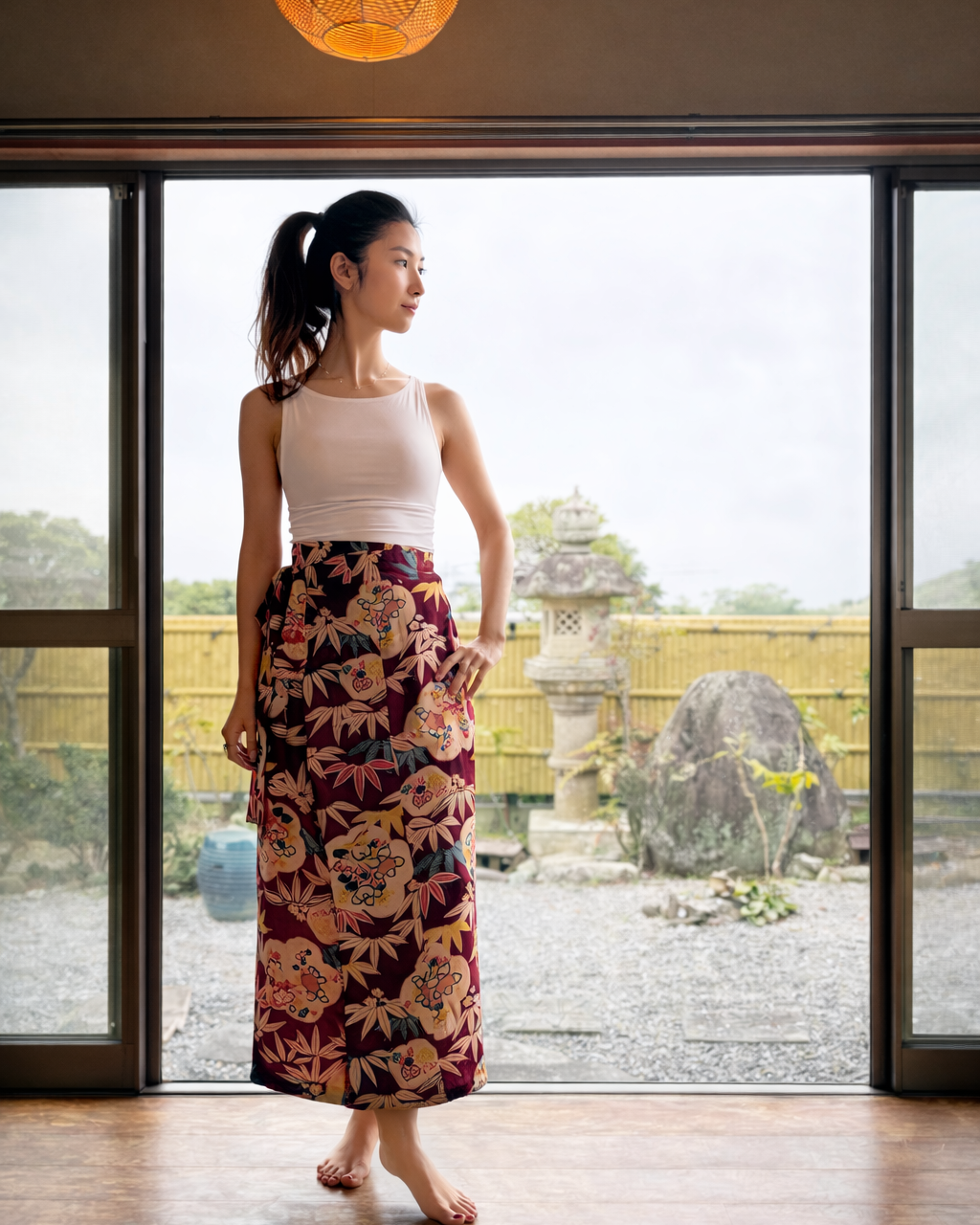 Silk Kimono Wrap Skirt – Vintage Floral in Deep Burgundy