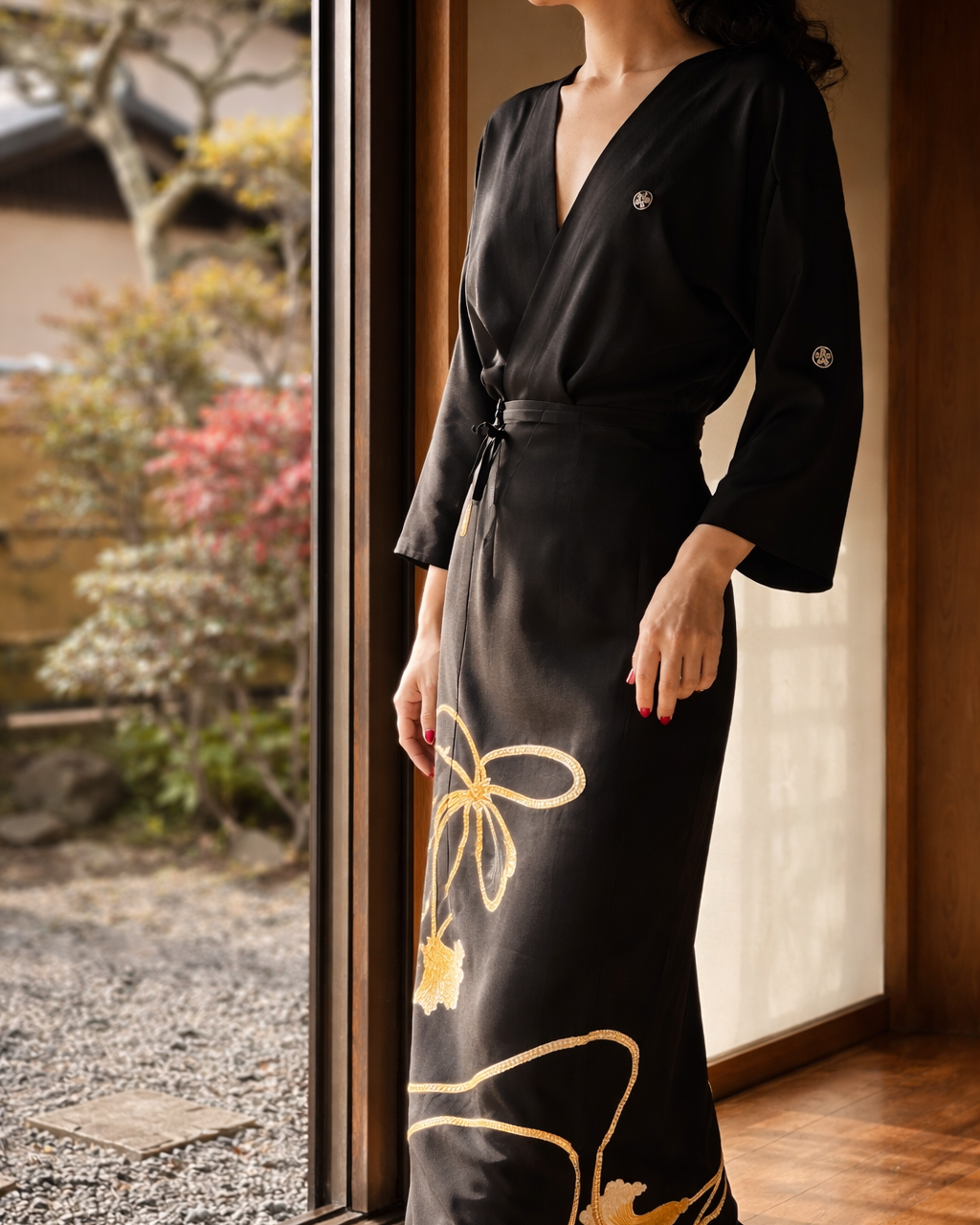 Vintage Silk Tomesode Wrap Dress – Golden Tassel Motif | Convertible Luxury Kimono Dress