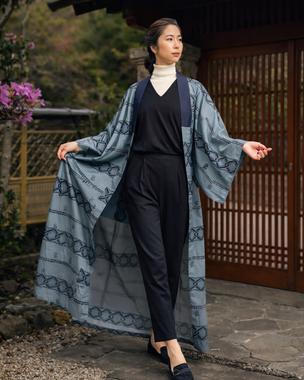 Kimono Robe – Vintage Haori in Steel Blue Geometry