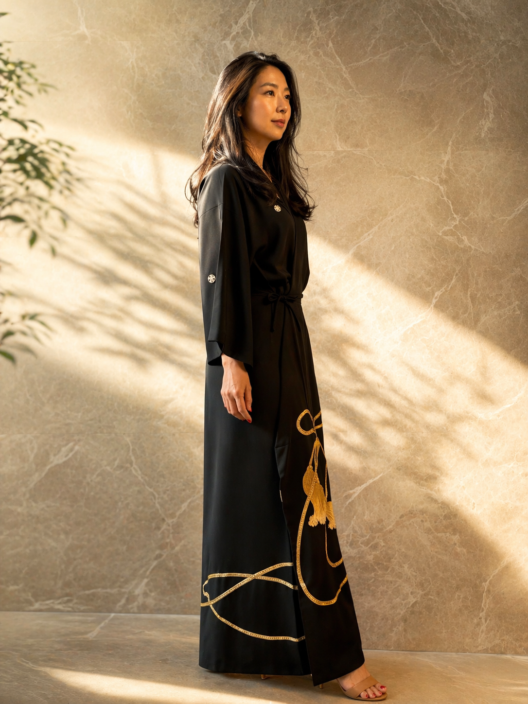 Vintage Silk Tomesode Wrap Dress – Golden Tassel Motif | Convertible Luxury Kimono Dress