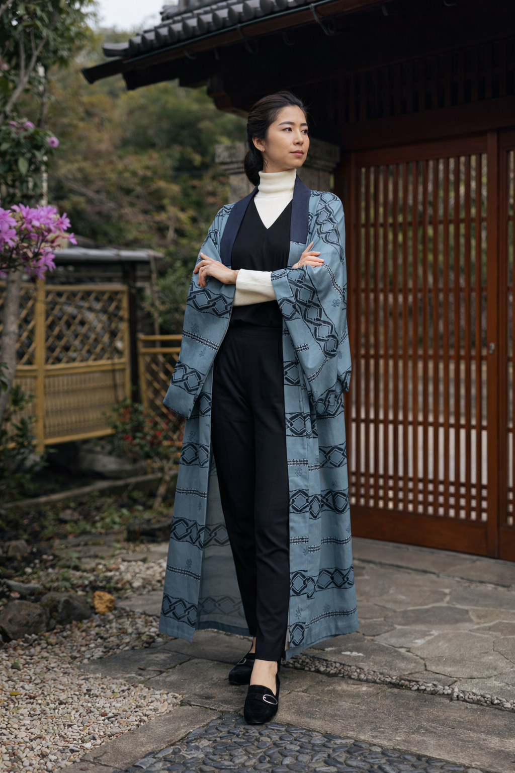 Kimono Robe – Vintage Haori in Steel Blue Geometry