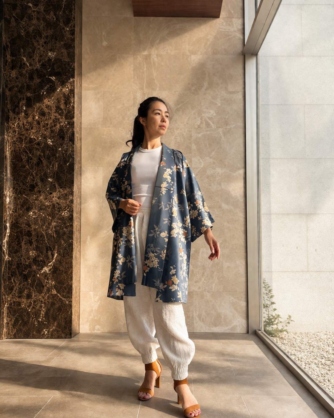 Vintage Silk Haori – Rinzu Weave, Blue Floral