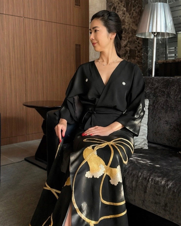 Vintage Silk Tomesode Wrap Dress – Golden Tassel Motif | Convertible Luxury Kimono Dress