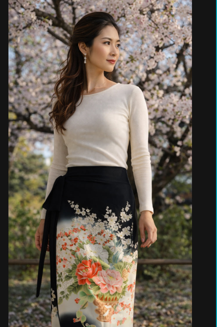 Kimono Silk Remake Wrap Skirt – Hanakago (Flower Basket) Motif, Black