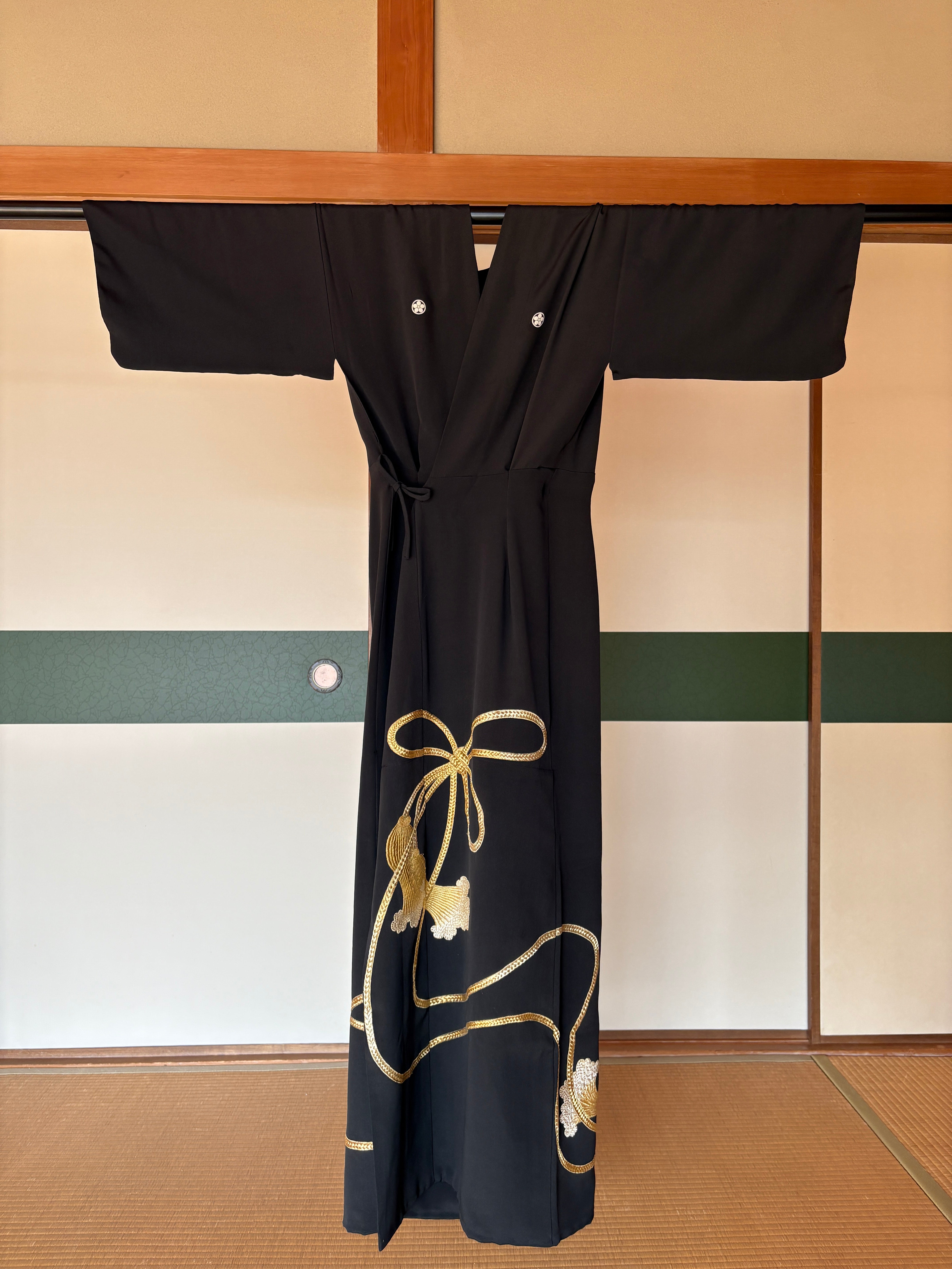 Vintage Silk Tomesode Wrap Dress – Golden Tassel Motif | Convertible Luxury Kimono Dress