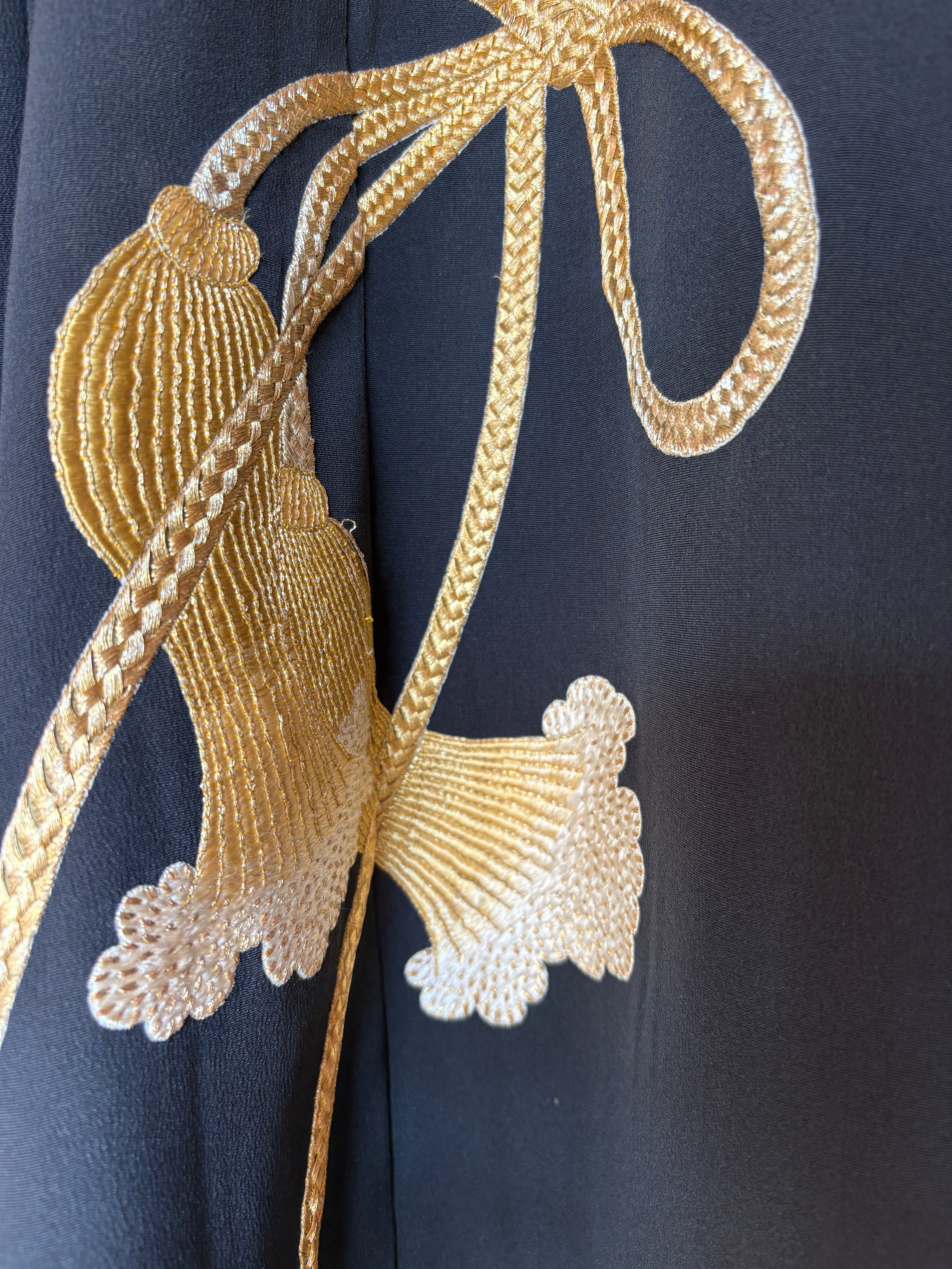 Vintage Silk Tomesode Wrap Dress – Golden Tassel Motif | Convertible Luxury Kimono Dress