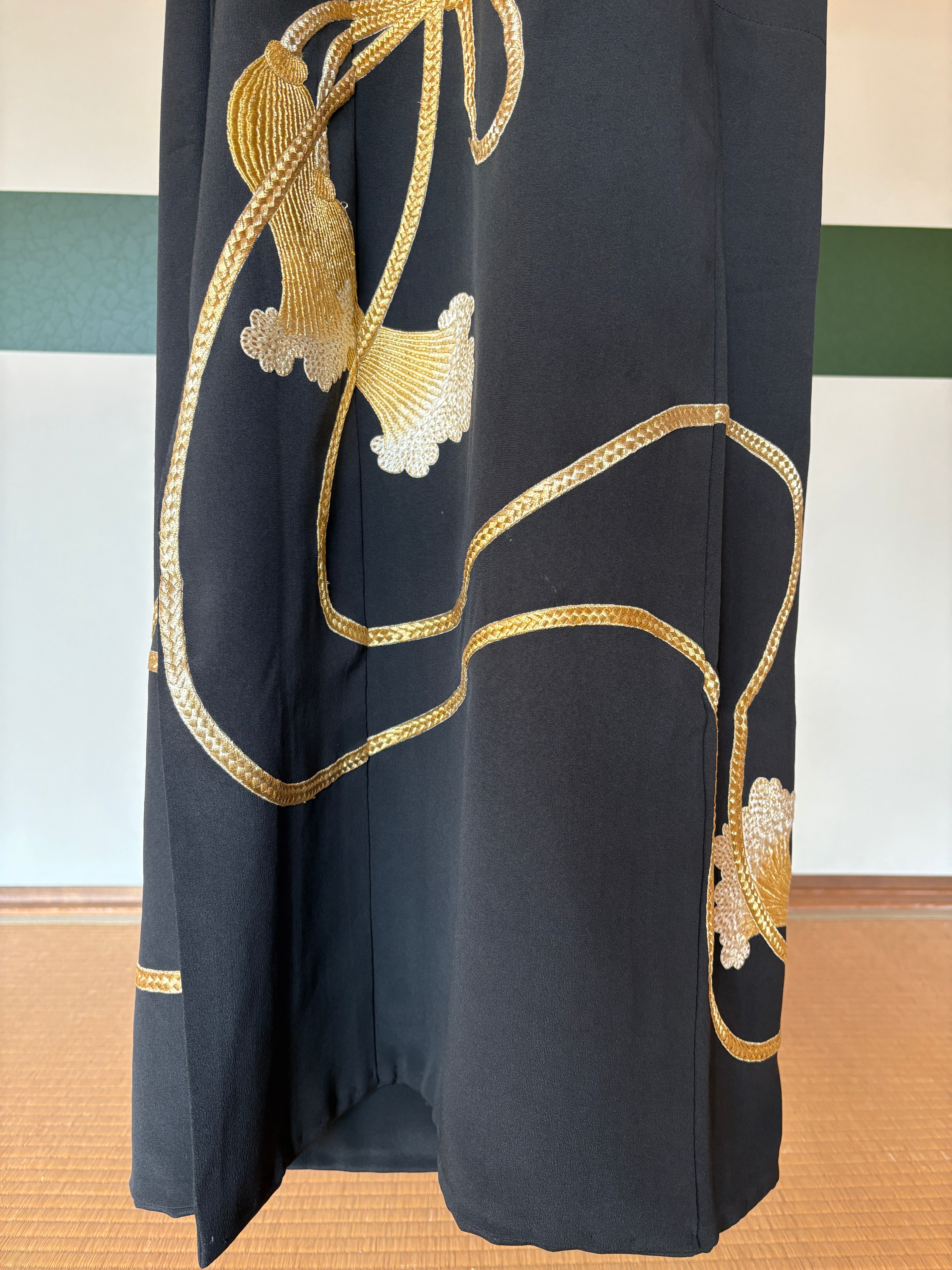 Vintage Silk Tomesode Wrap Dress – Golden Tassel Motif | Convertible Luxury Kimono Dress