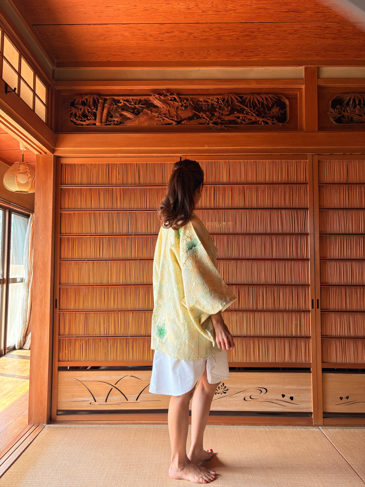 Vintage Japanese Shibori Haori Jacket – Pale Yellow & Green