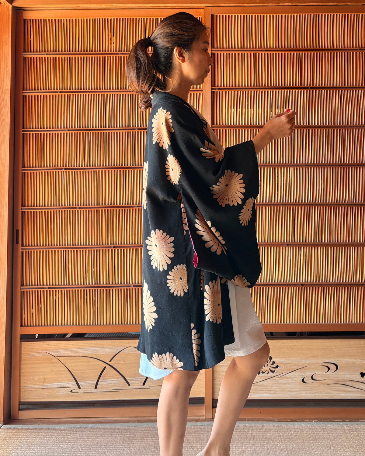 Antique Japanese Silk Haori – lack Chrysanthemum Kimono Jacket | Possibly Taisho Era