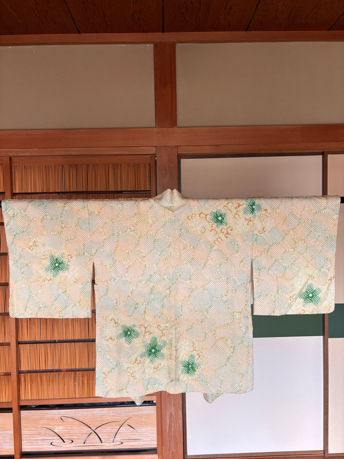 Vintage Japanese Shibori Haori Jacket – Pale Yellow & Green