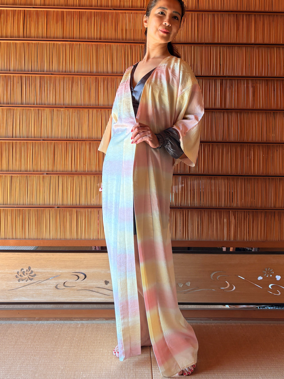 Japanese Silk Kimono Robe – Soft Pink, Yellow & Ivory | One of a Kind