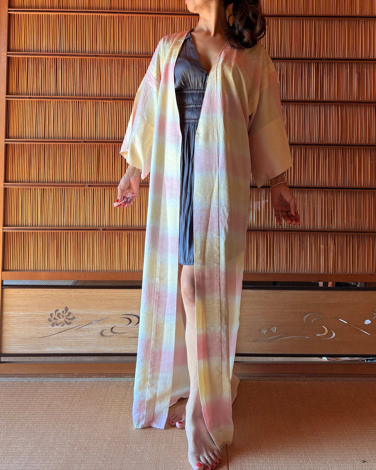 Japanese Silk Kimono Robe – Soft Pink, Yellow & Ivory | One of a Kind