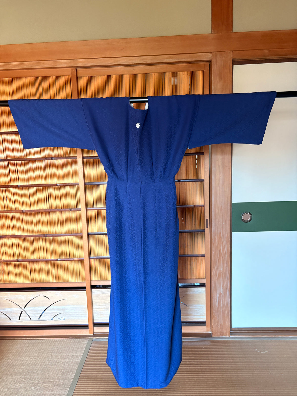 Japanese Silk Wrap Dress – Deep Blue with Woven Patterns