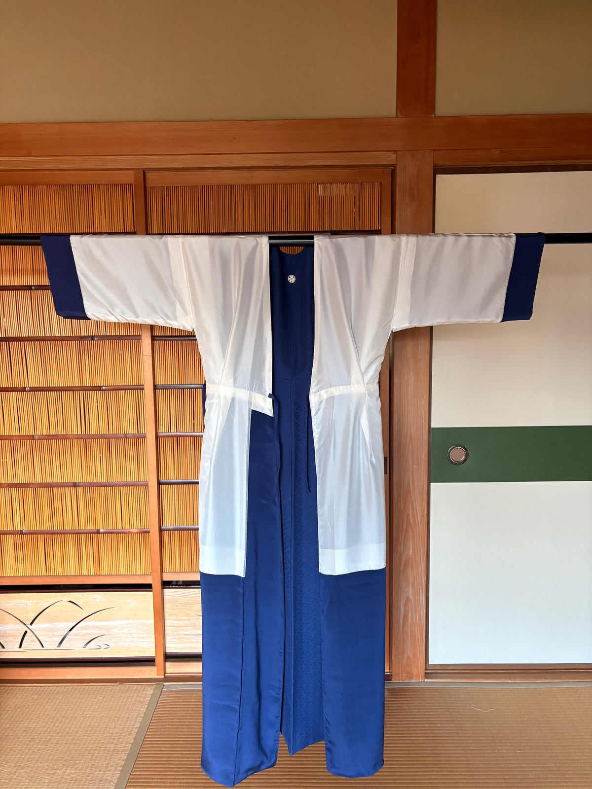 Japanese Silk Wrap Dress – Deep Blue with Woven Patterns