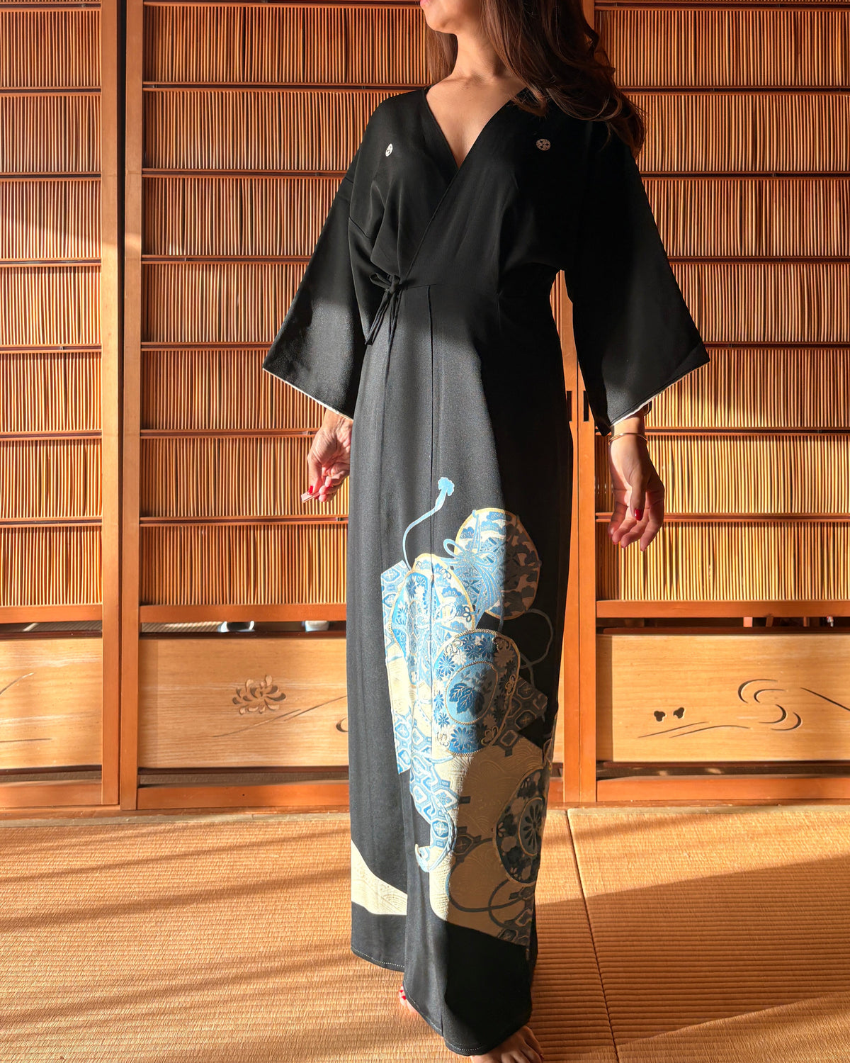 Japanese Black Silk Kimono Wrap Dress – Blue & Gold Motifs | One of a Kind