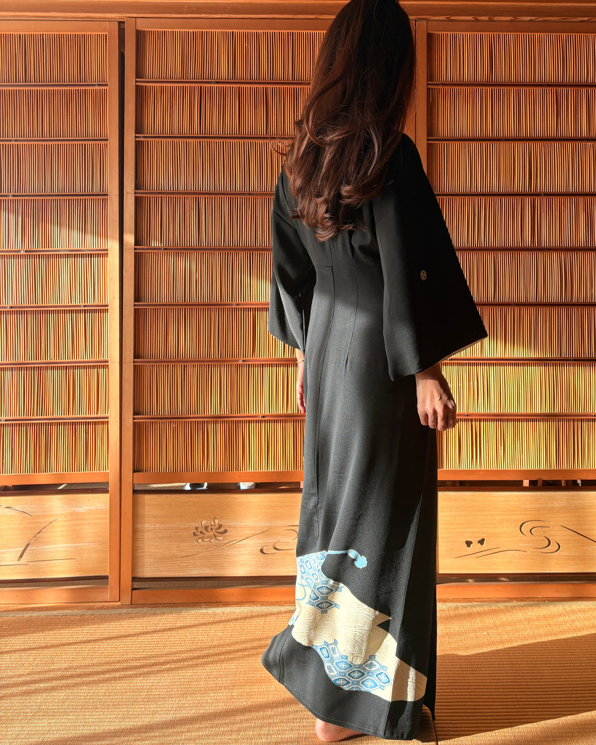 Japanese Black Silk Kimono Wrap Dress – Blue & Gold Motifs | One of a Kind