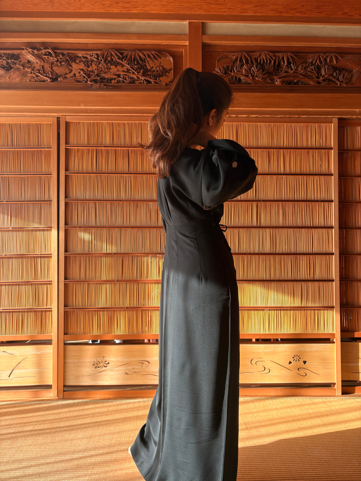 Antique Japanese Black Silk Kimono Wrap Dress – Red Sleeve Lining | One of a Kind