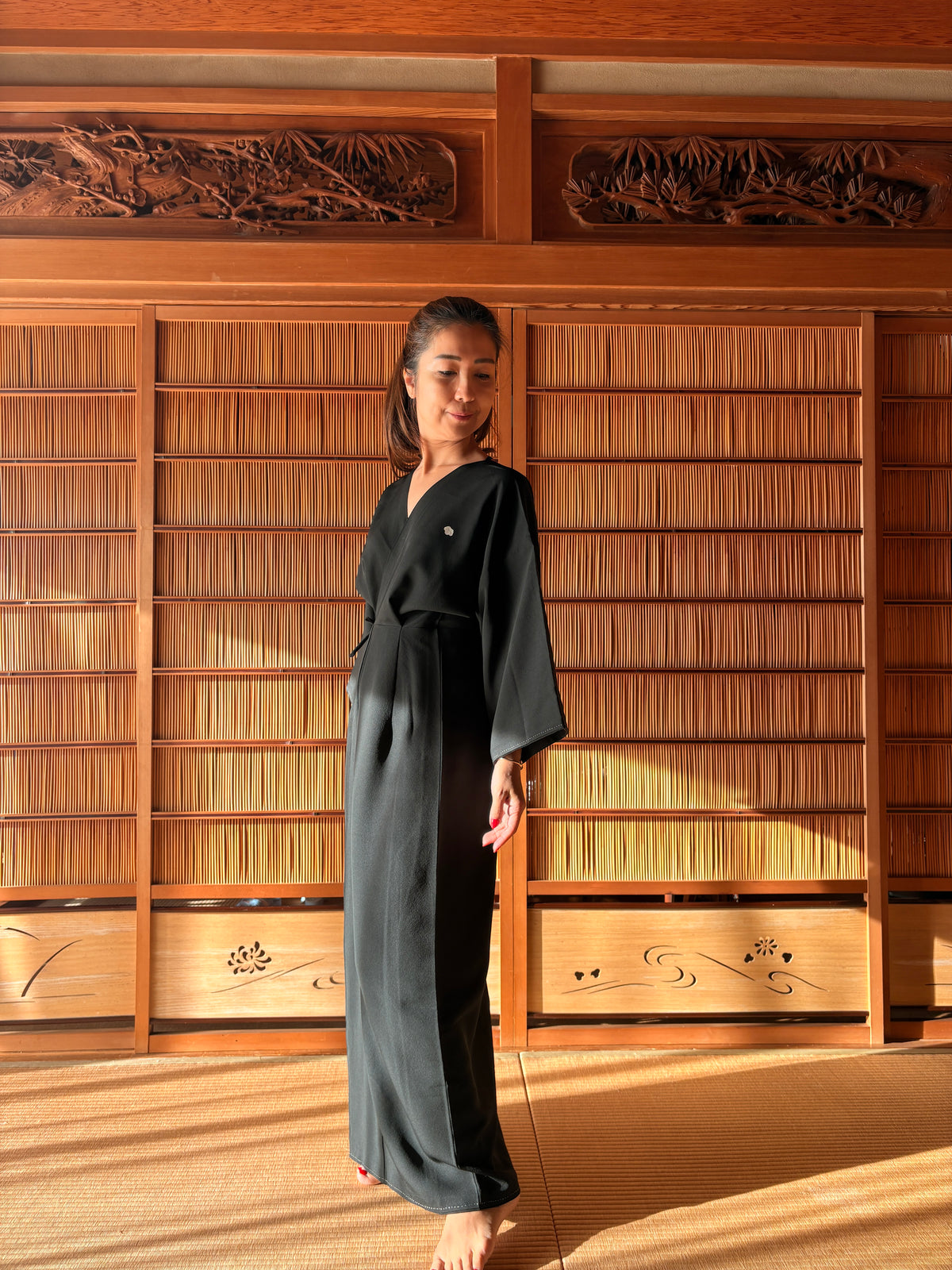 Antique Japanese Black Silk Kimono Wrap Dress – Red Sleeve Lining | One of a Kind