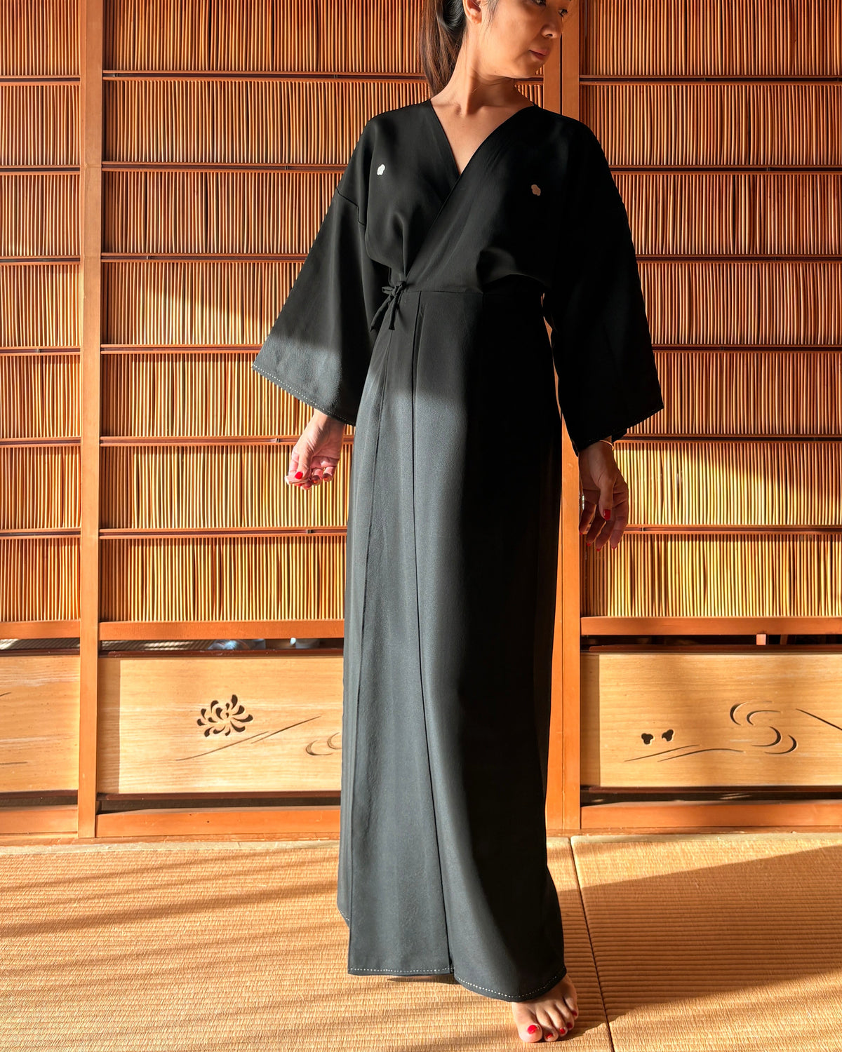 Japanese Silk Wrap Dress – Elegant Black Kimono Dress | One of a Kind
