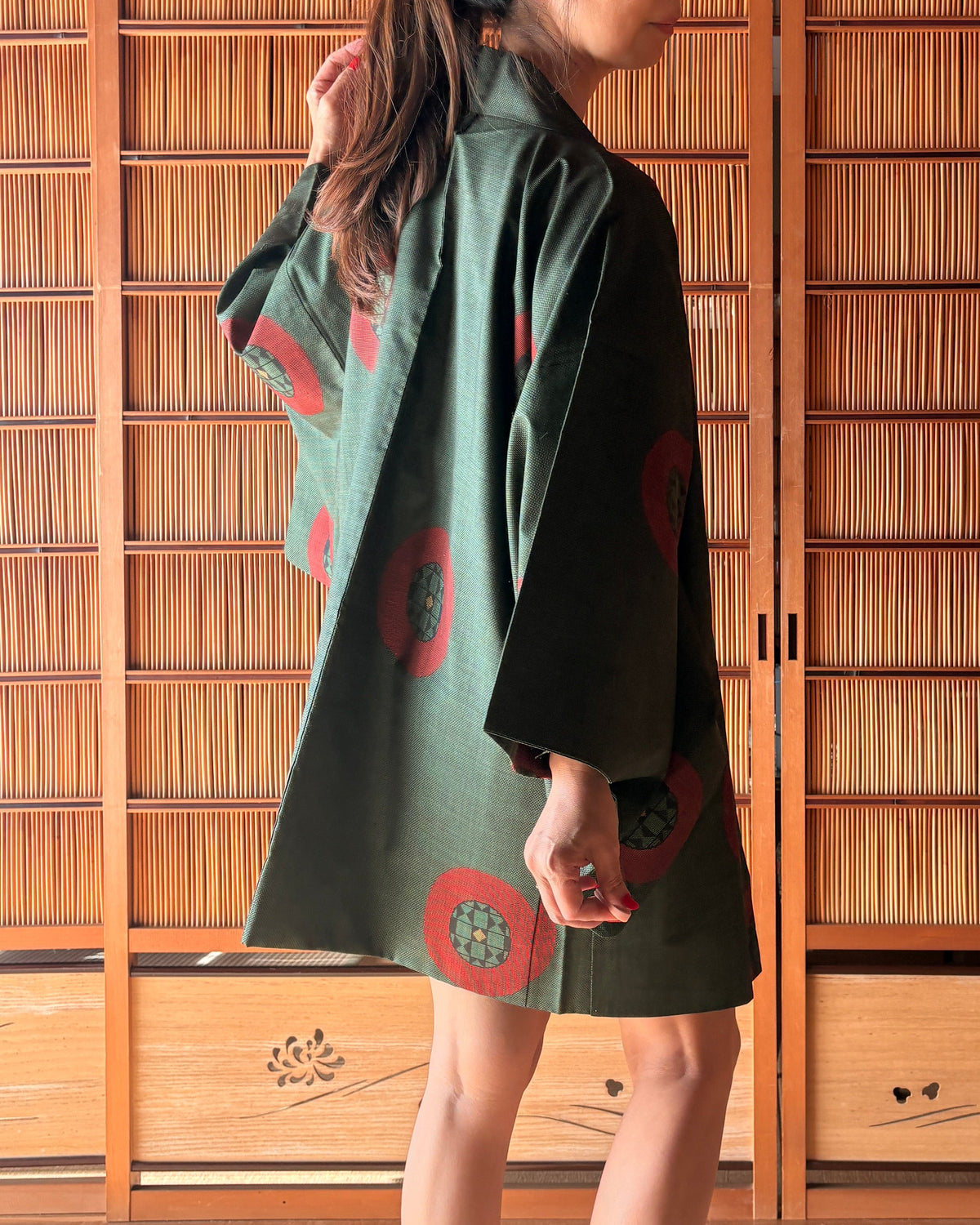 Japanese Silk Haori – Deep Tea Green & Red Kimono Jacket | One of a Kind