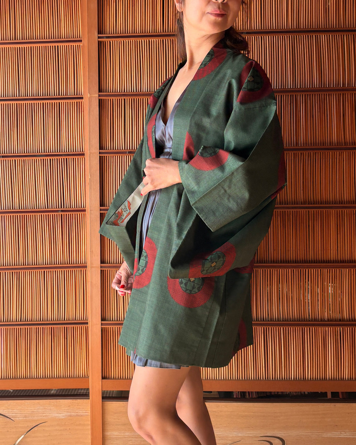 Japanese Silk Haori – Deep Tea Green & Red Kimono Jacket | One of a Kind