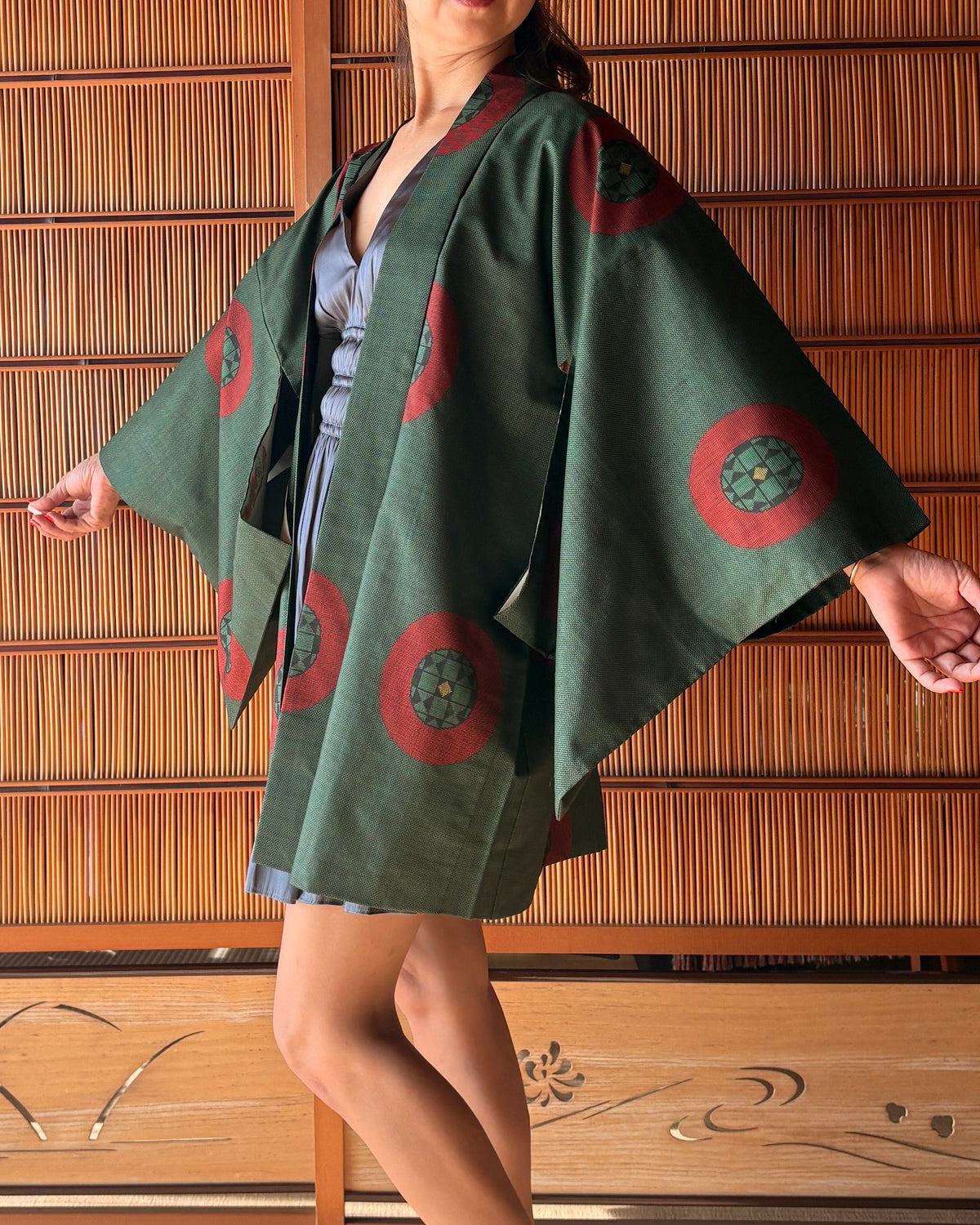 Japanese Silk Haori – Deep Tea Green & Red Kimono Jacket | One of a Kind