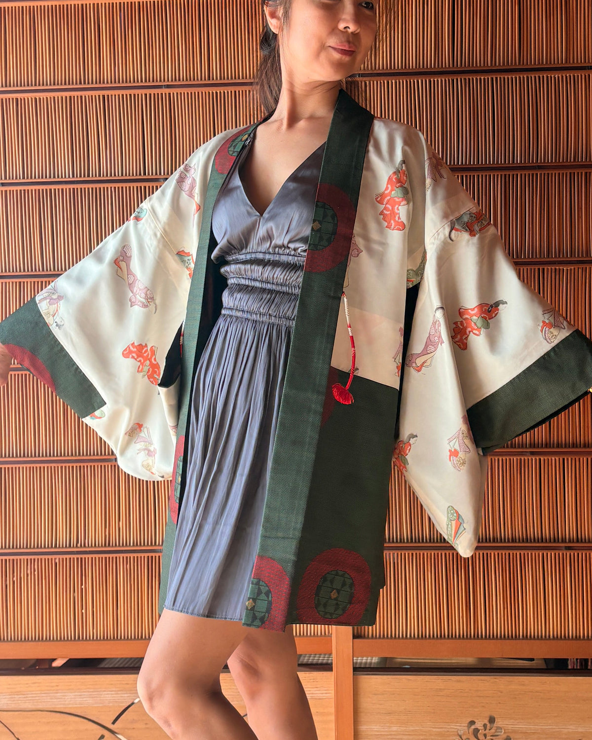 Japanese Silk Haori – Deep Tea Green & Red Kimono Jacket | One of a Kind
