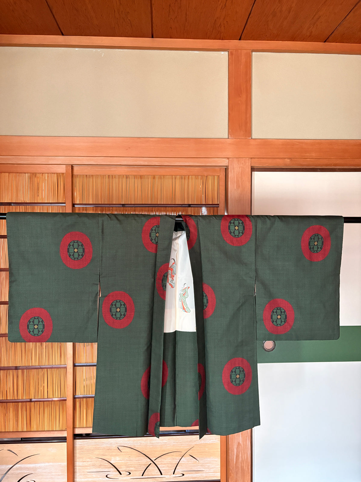 Japanese Silk Haori – Deep Tea Green & Red Kimono Jacket | One of a Kind