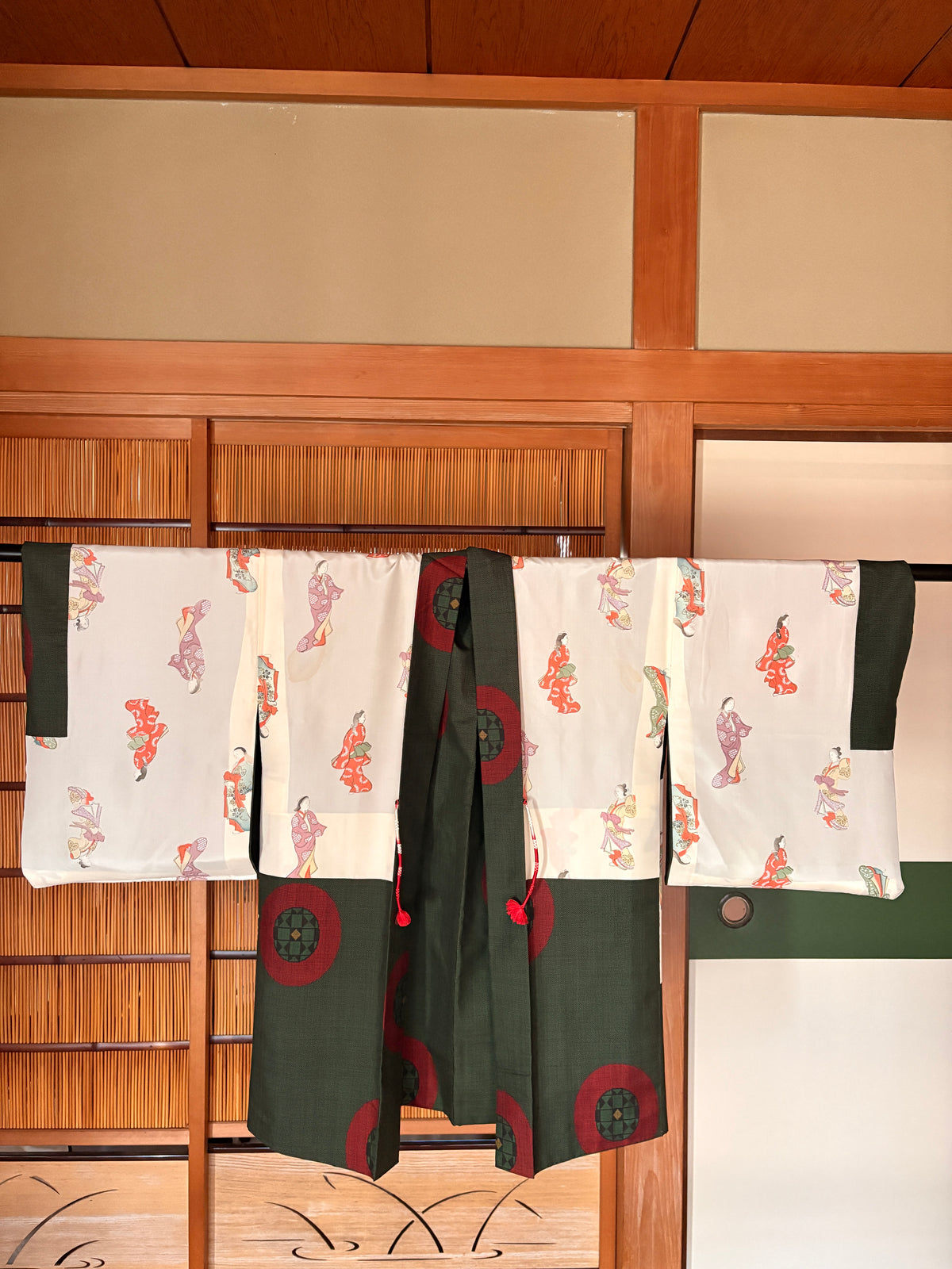 Japanese Silk Haori – Deep Tea Green & Red Kimono Jacket | One of a Kind