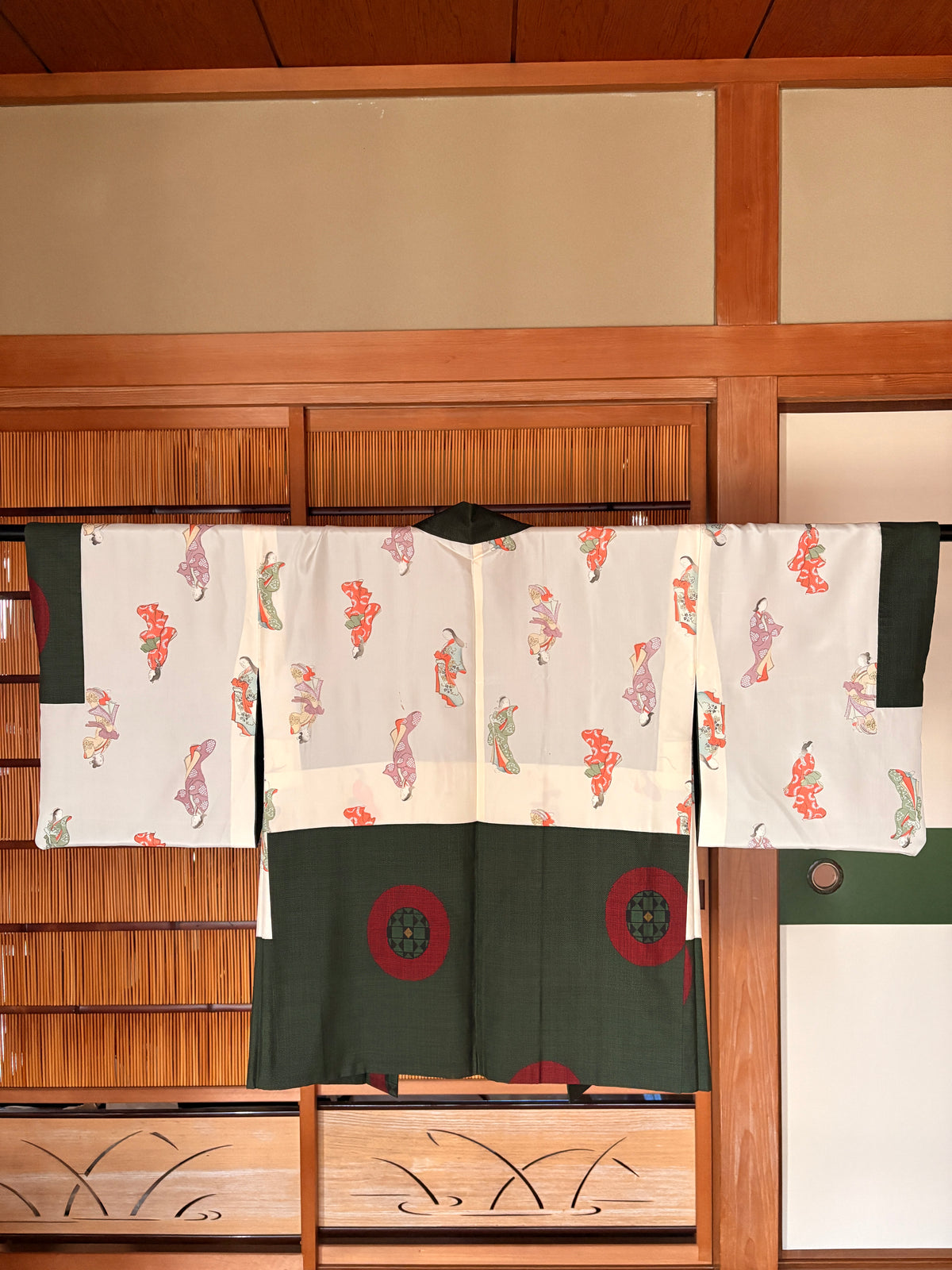Japanese Silk Haori – Deep Tea Green & Red Kimono Jacket | One of a Kind