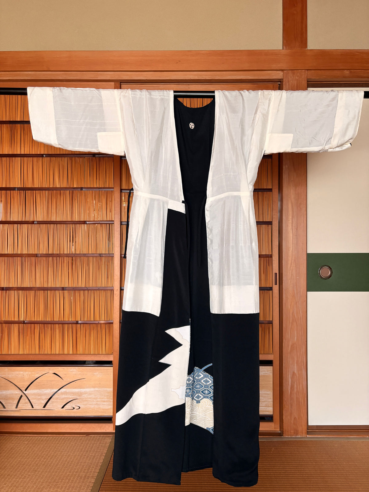 Japanese Black Silk Kimono Wrap Dress – Blue & Gold Motifs | One of a Kind
