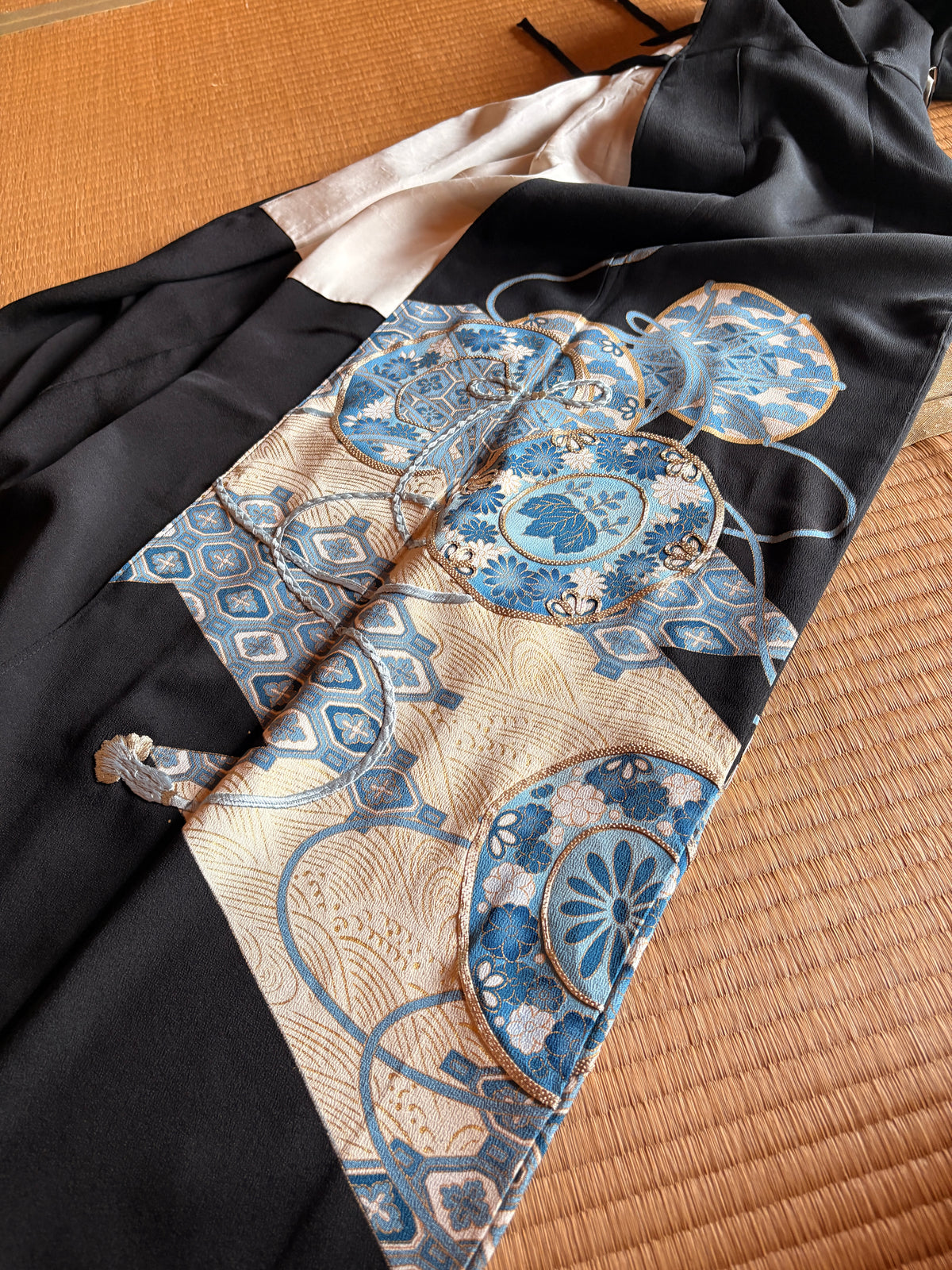Japanese Black Silk Kimono Wrap Dress – Blue & Gold Motifs | One of a Kind