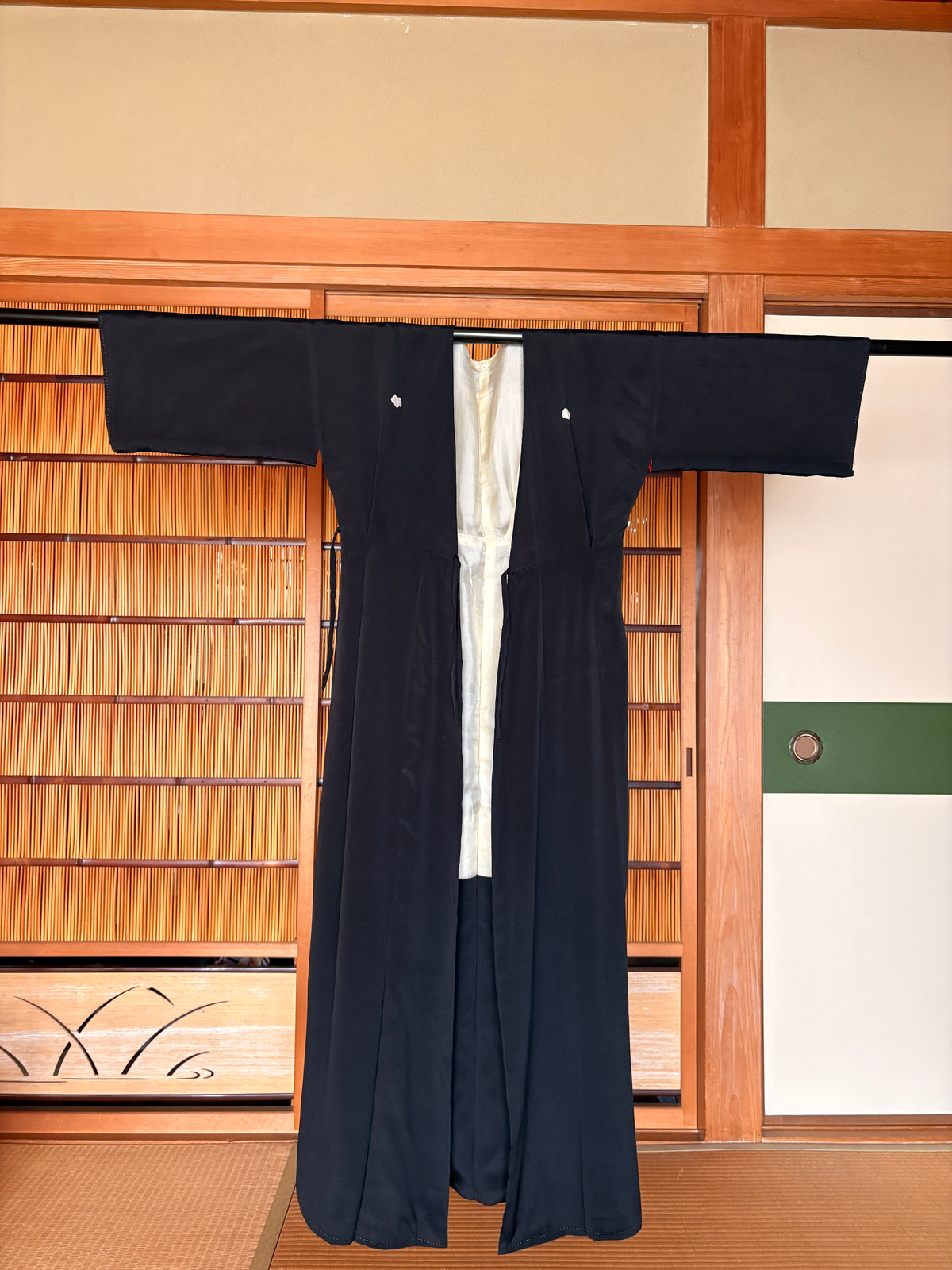 Antique Japanese Black Silk Kimono Wrap Dress – Red Sleeve Lining | One of a Kind