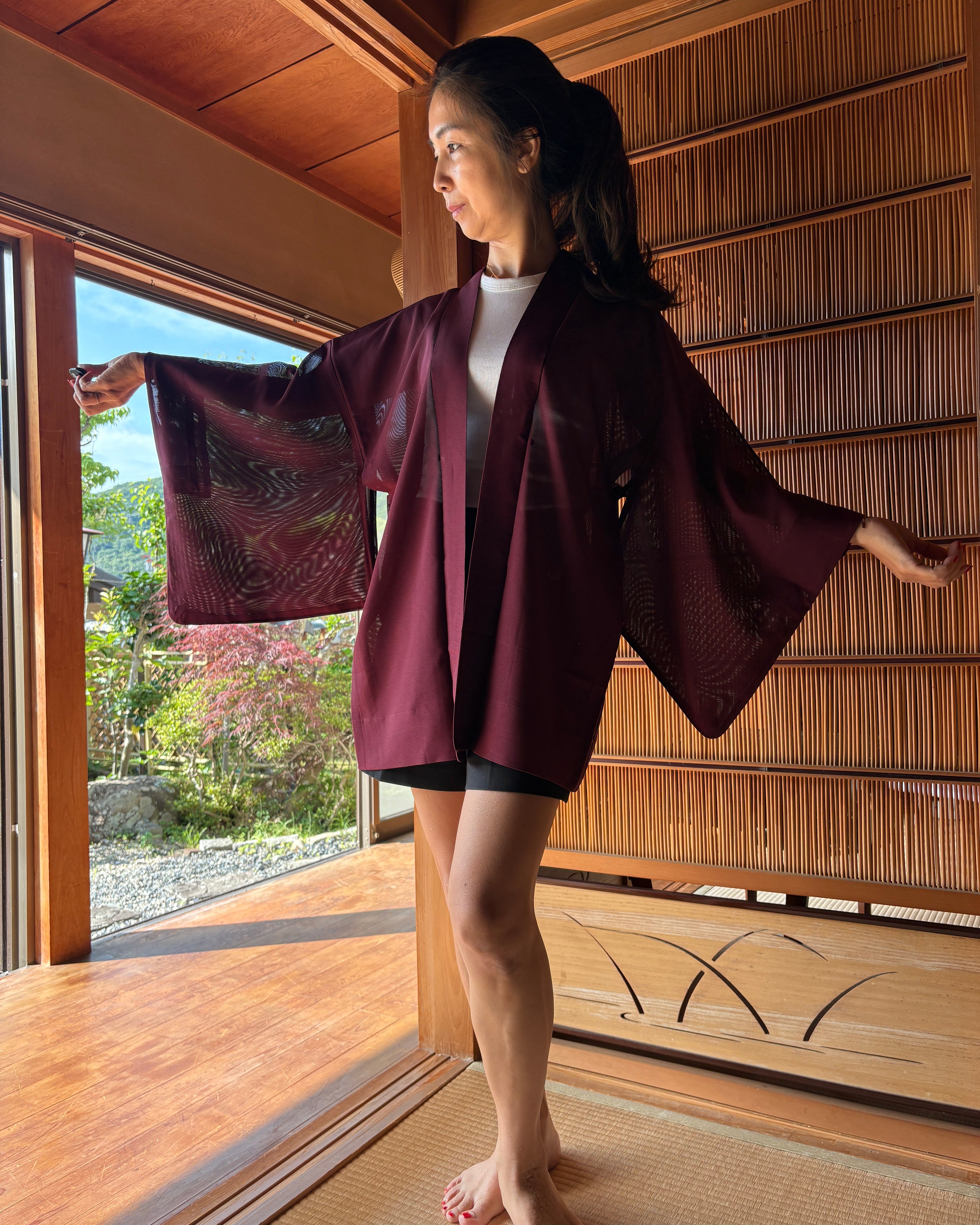 Vintage Silk Kimono Haori Jacket - Burgundy