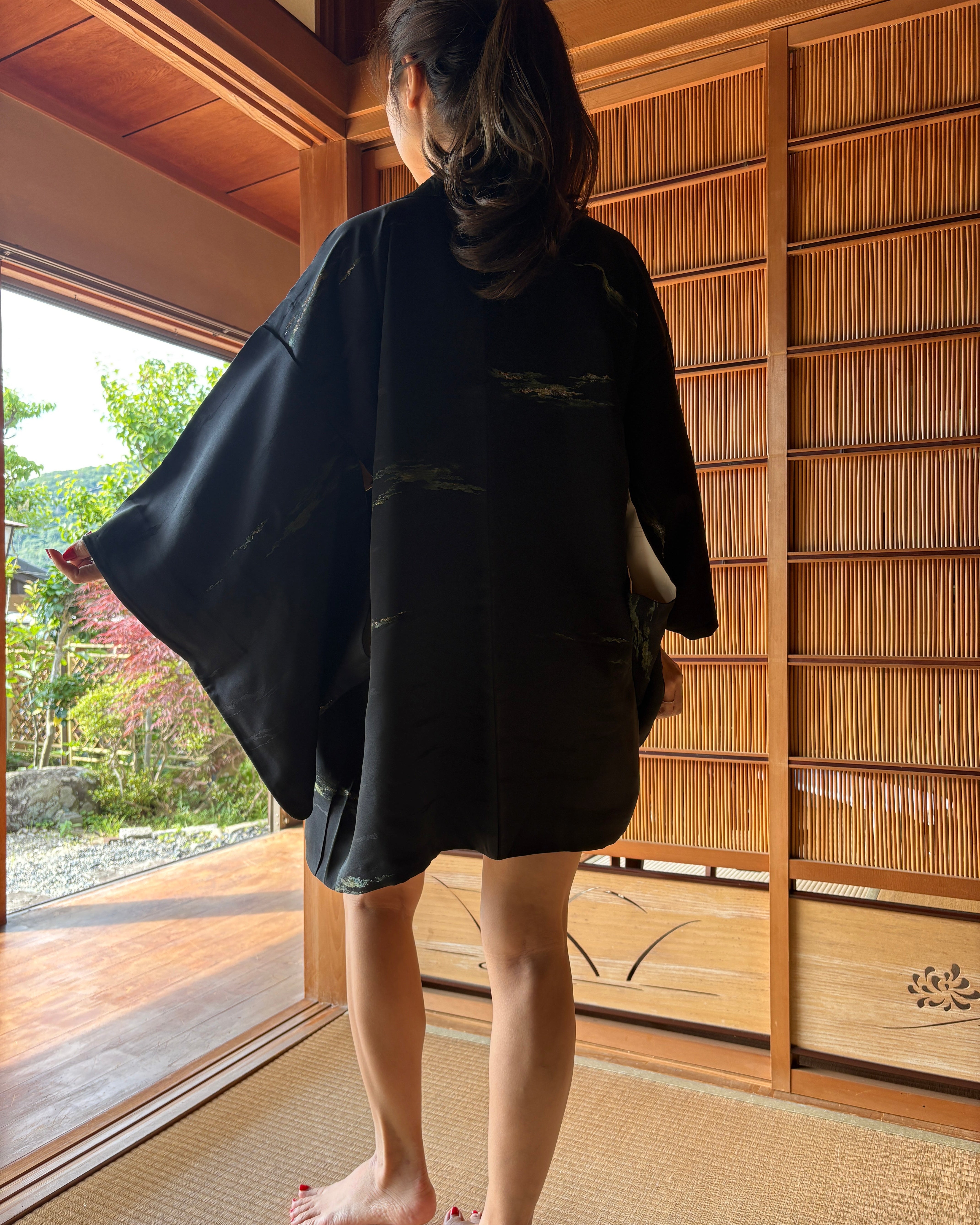 Vintage Silk Haori – Black with Golden Mist Motif
