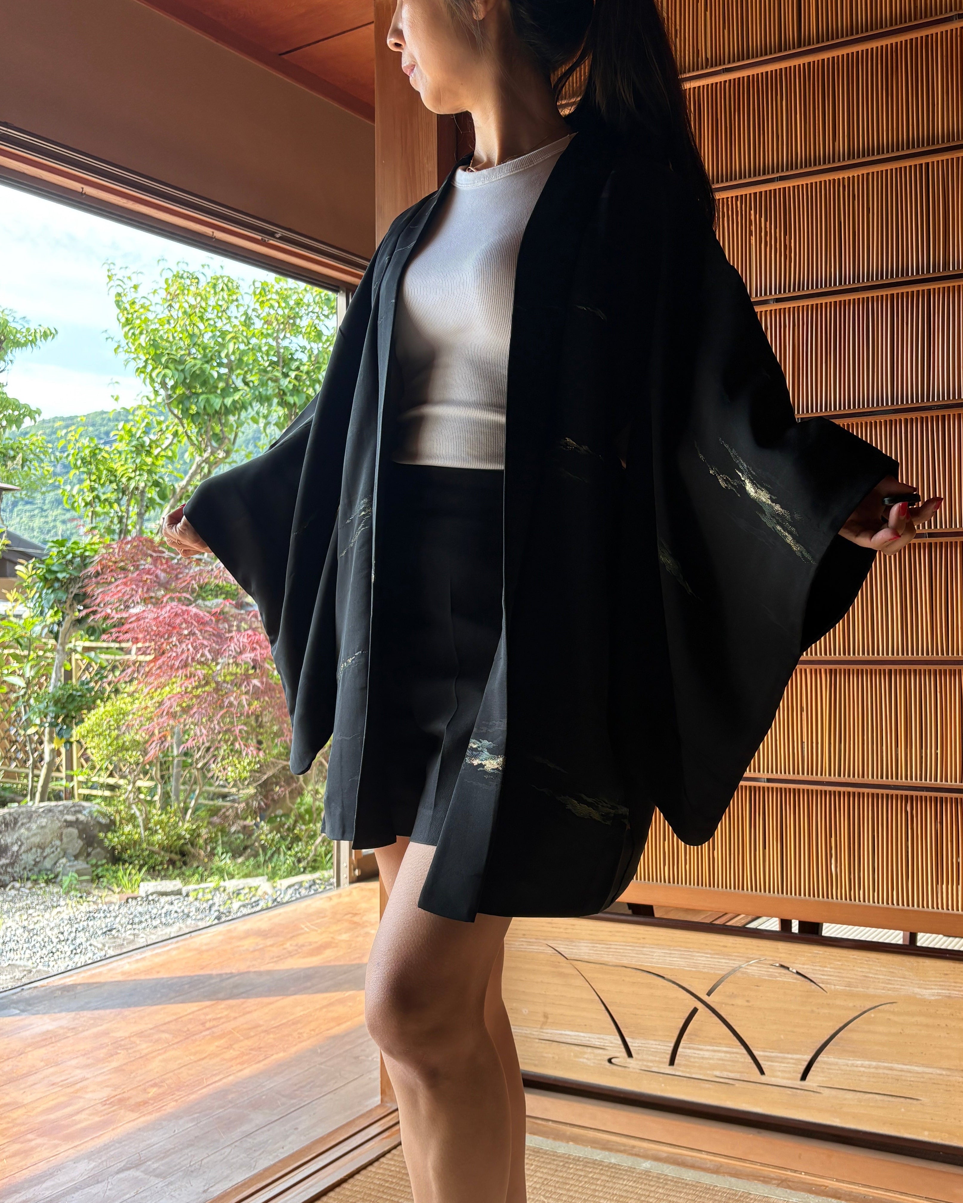 Vintage Silk Haori – Black with Golden Mist Motif
