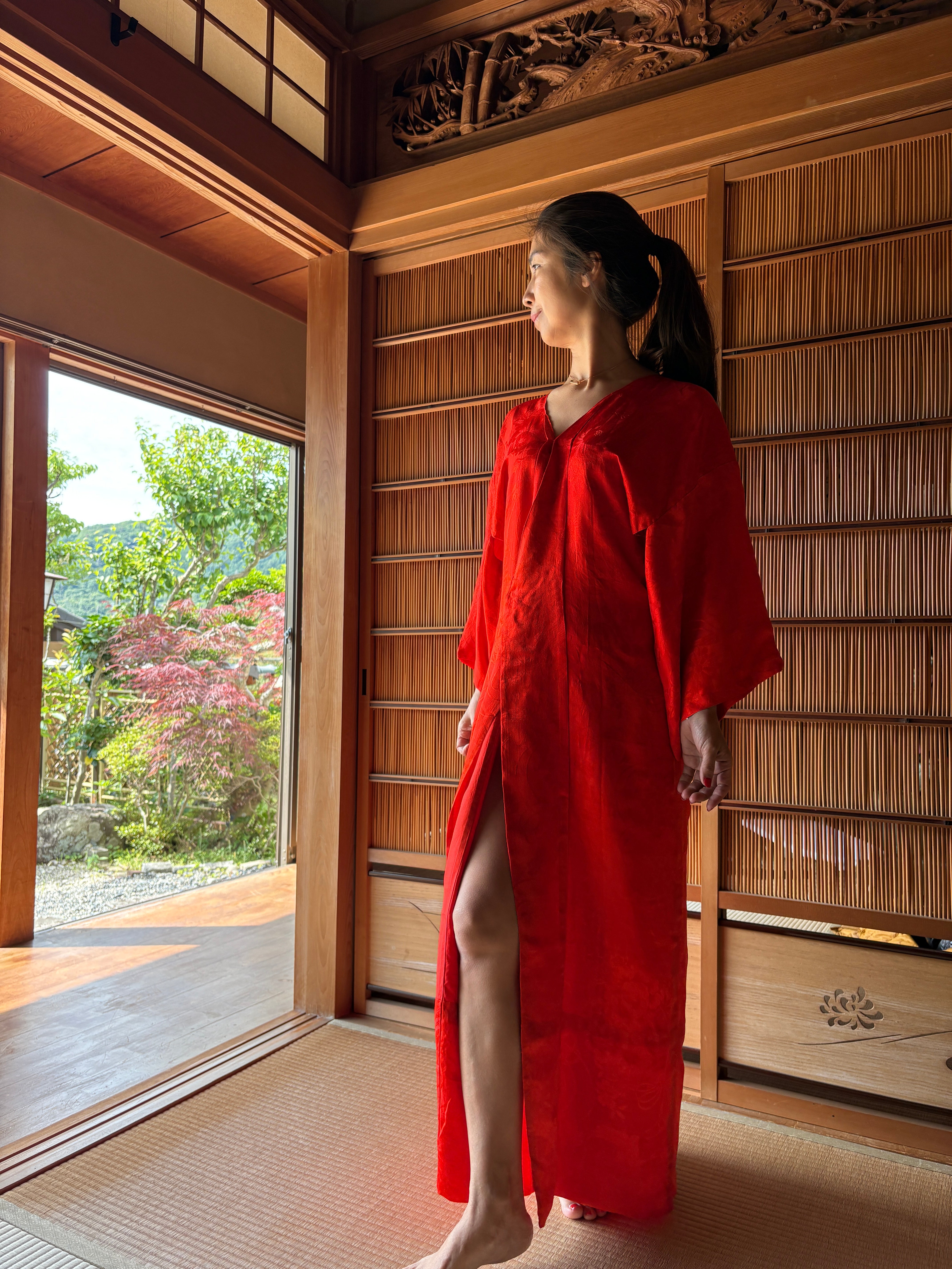 Hidden Vermilion Silk Robe – Vintage Japanese Juban