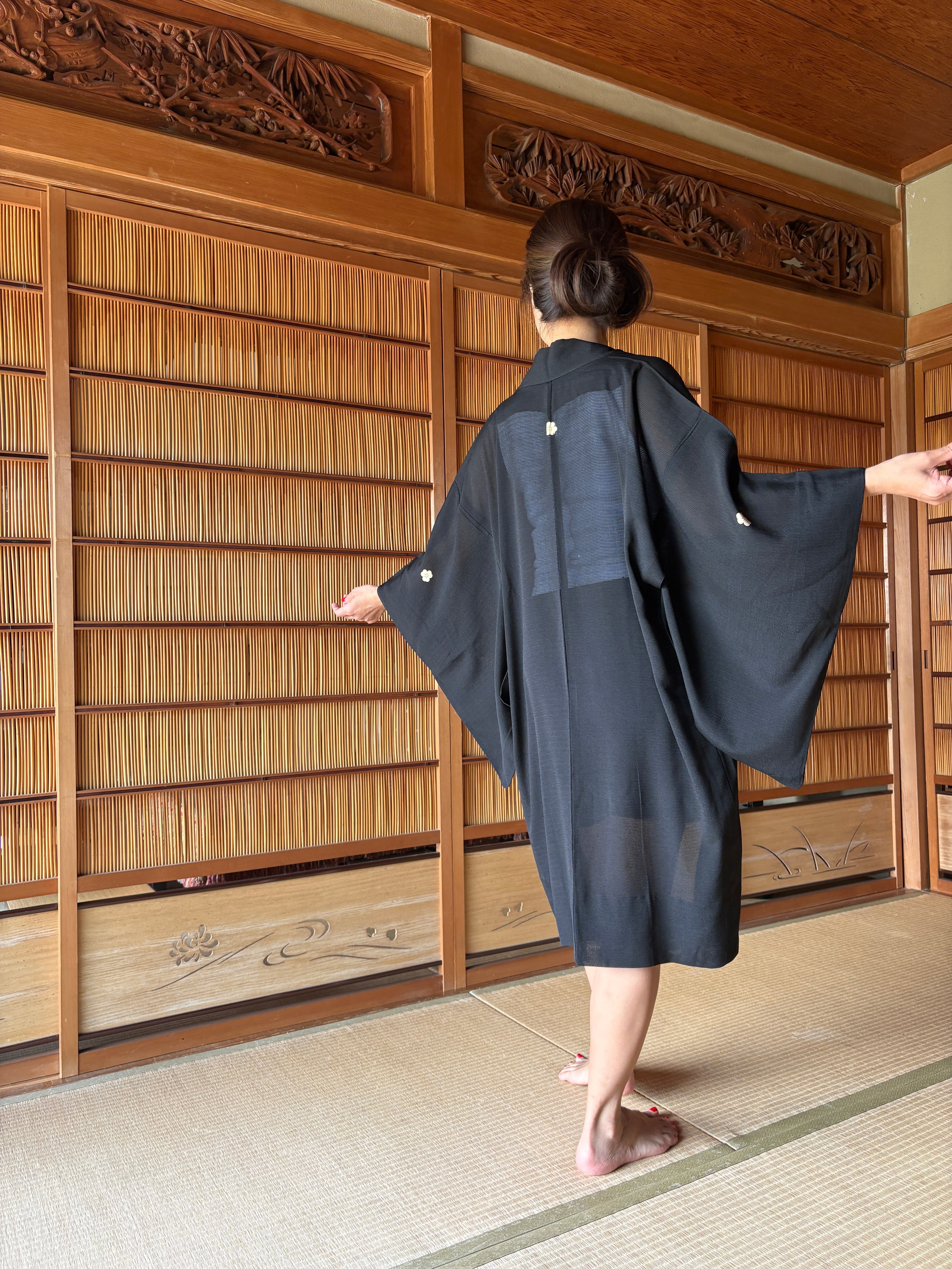Vintage Silk Summer Haori – Black Sheer Mon-tsuki | Lightweight Japanese Kimono Jacket