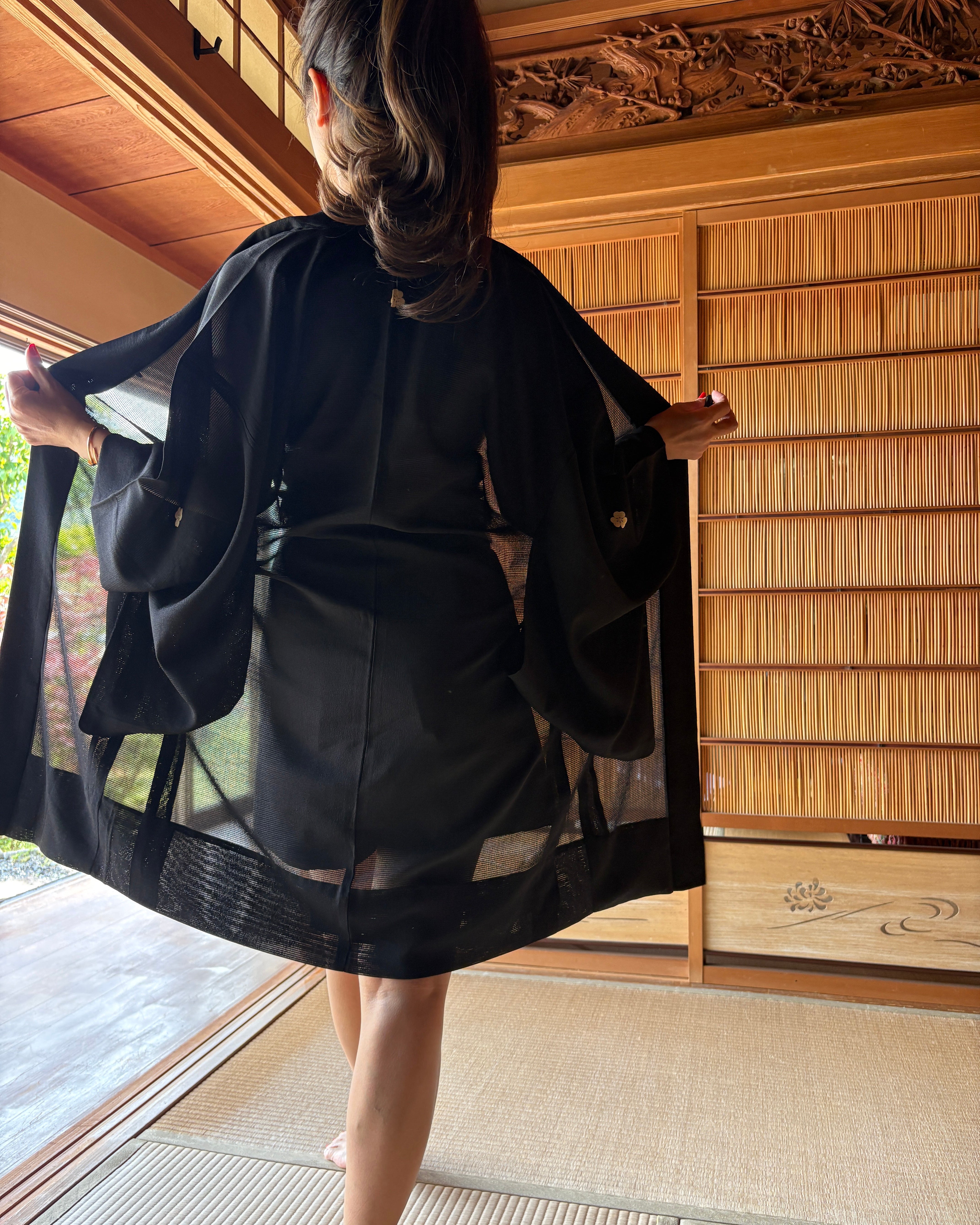Vintage Silk Summer Haori – Black Sheer Mon-tsuki | Lightweight Japanese Kimono Jacket