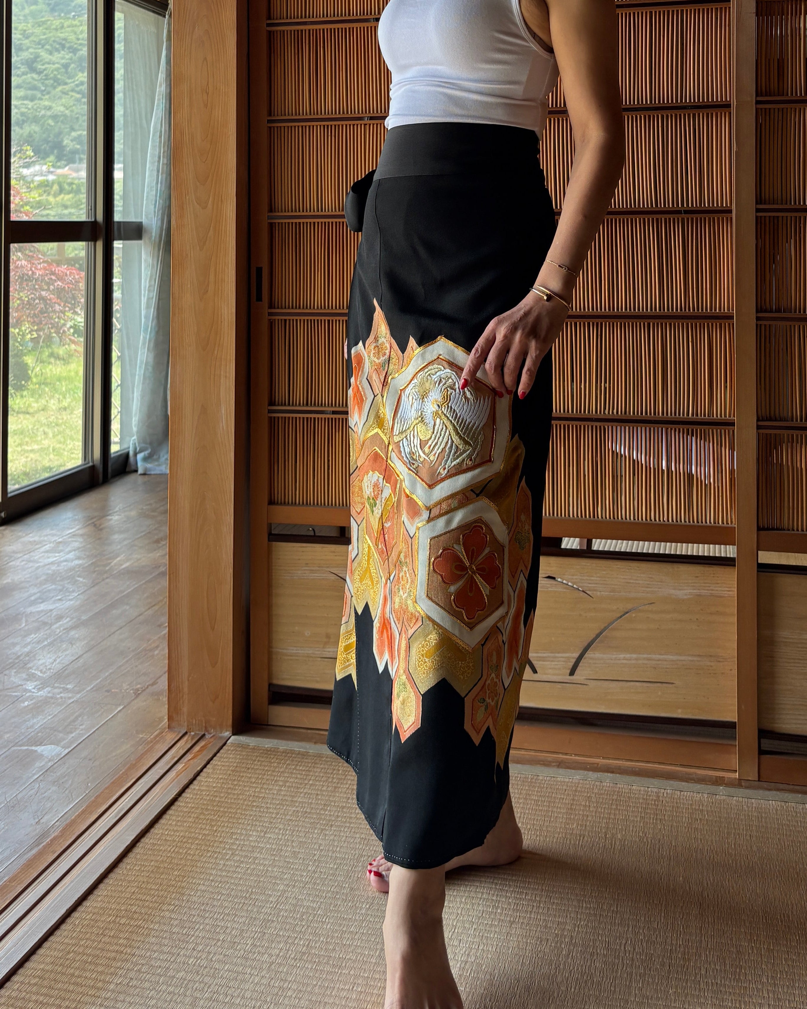 Vintage Silk Tomesode Wrap Skirt – Golden Phoenix Embroidery | Convertible Dress