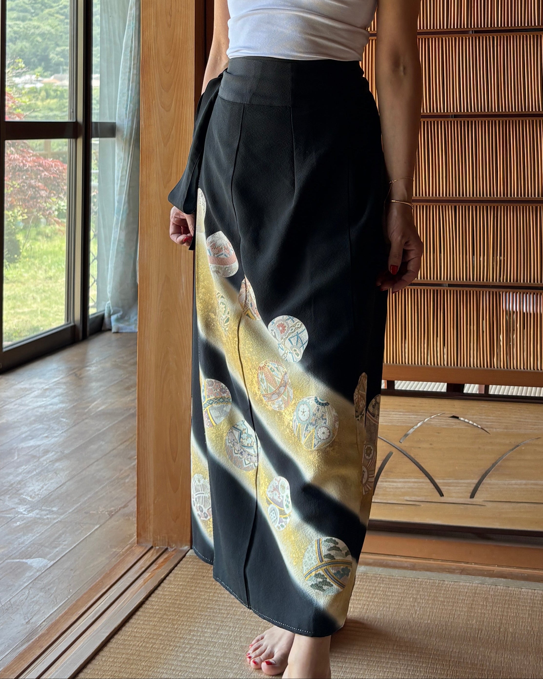 Vintage Silk Tomesode Wrap Skirt – Golden Temari Motif | Convertible Dress