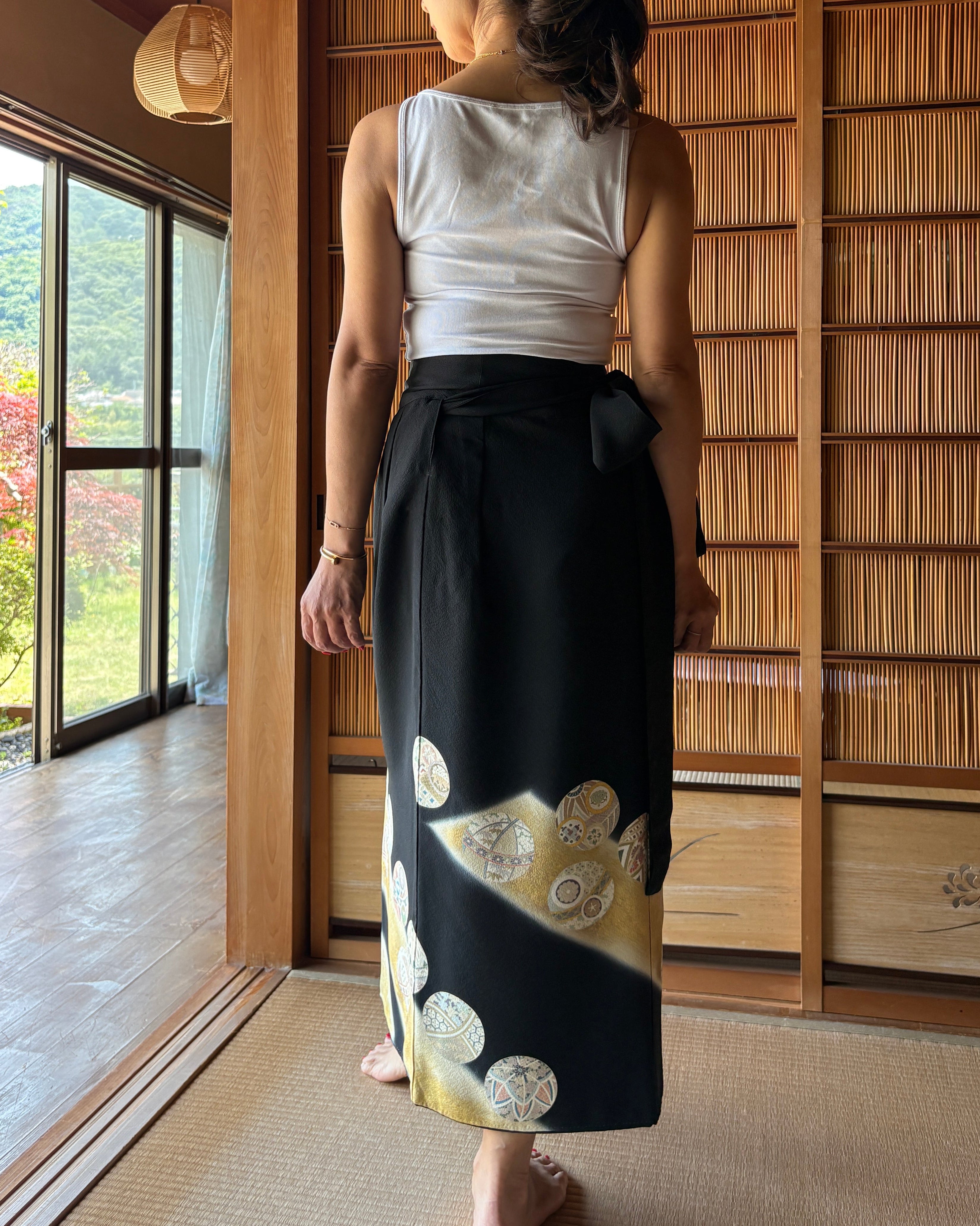 Vintage Silk Tomesode Wrap Skirt – Golden Temari Motif | Convertible Dress
