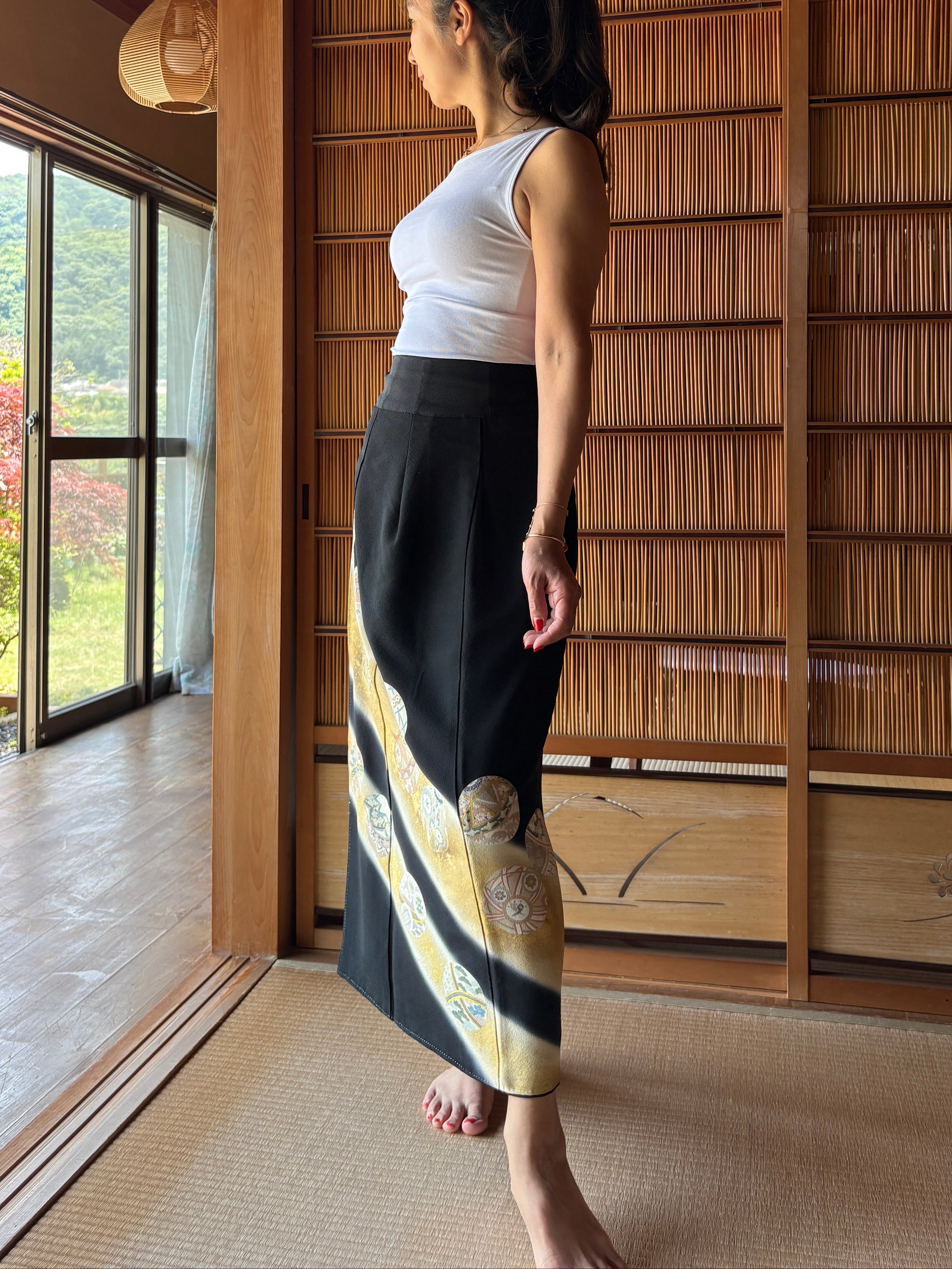 Vintage Silk Tomesode Wrap Skirt – Golden Temari Motif | Convertible Dress