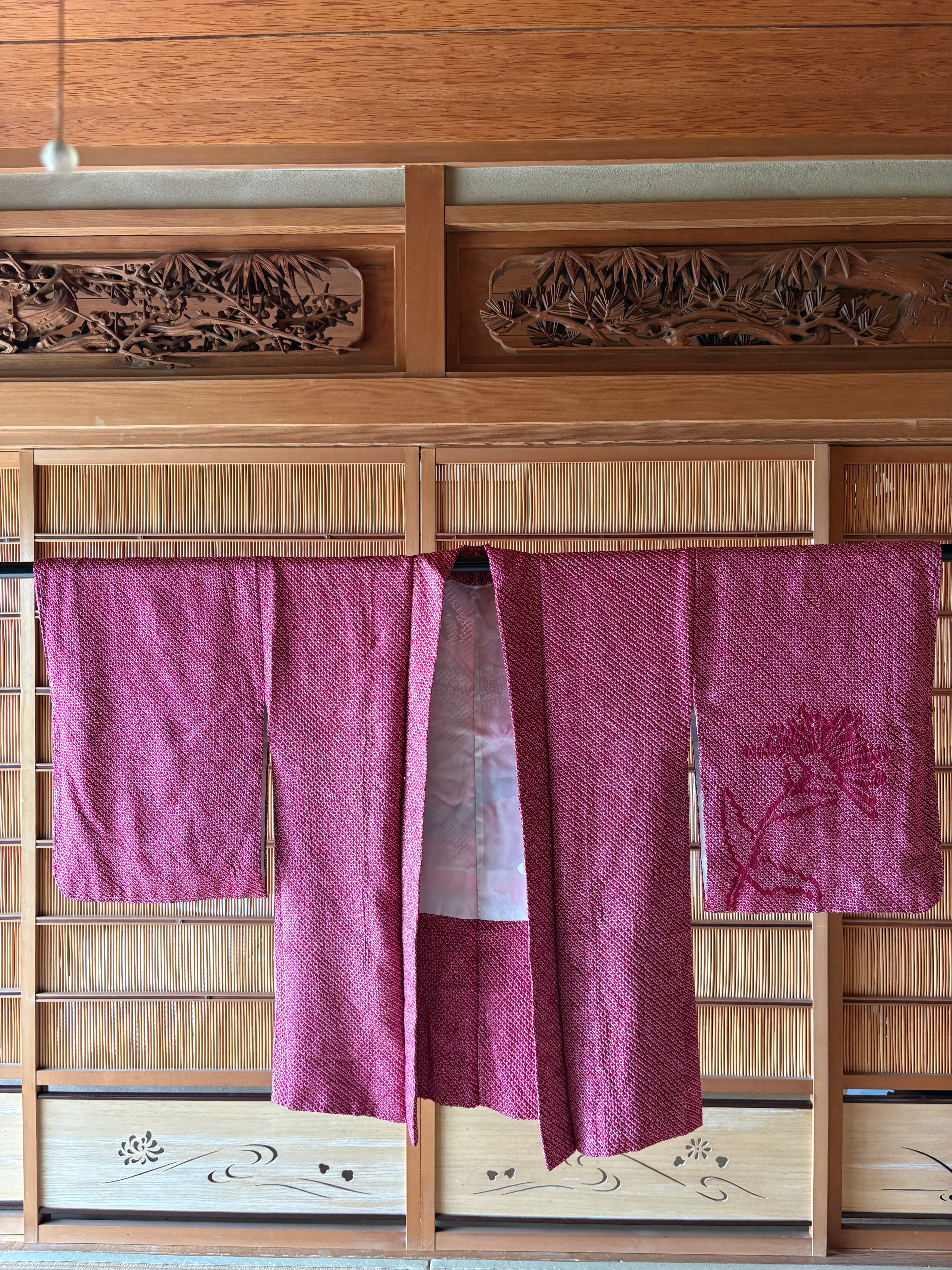 Vintage Silk Shibori Haori – Deep Crimson