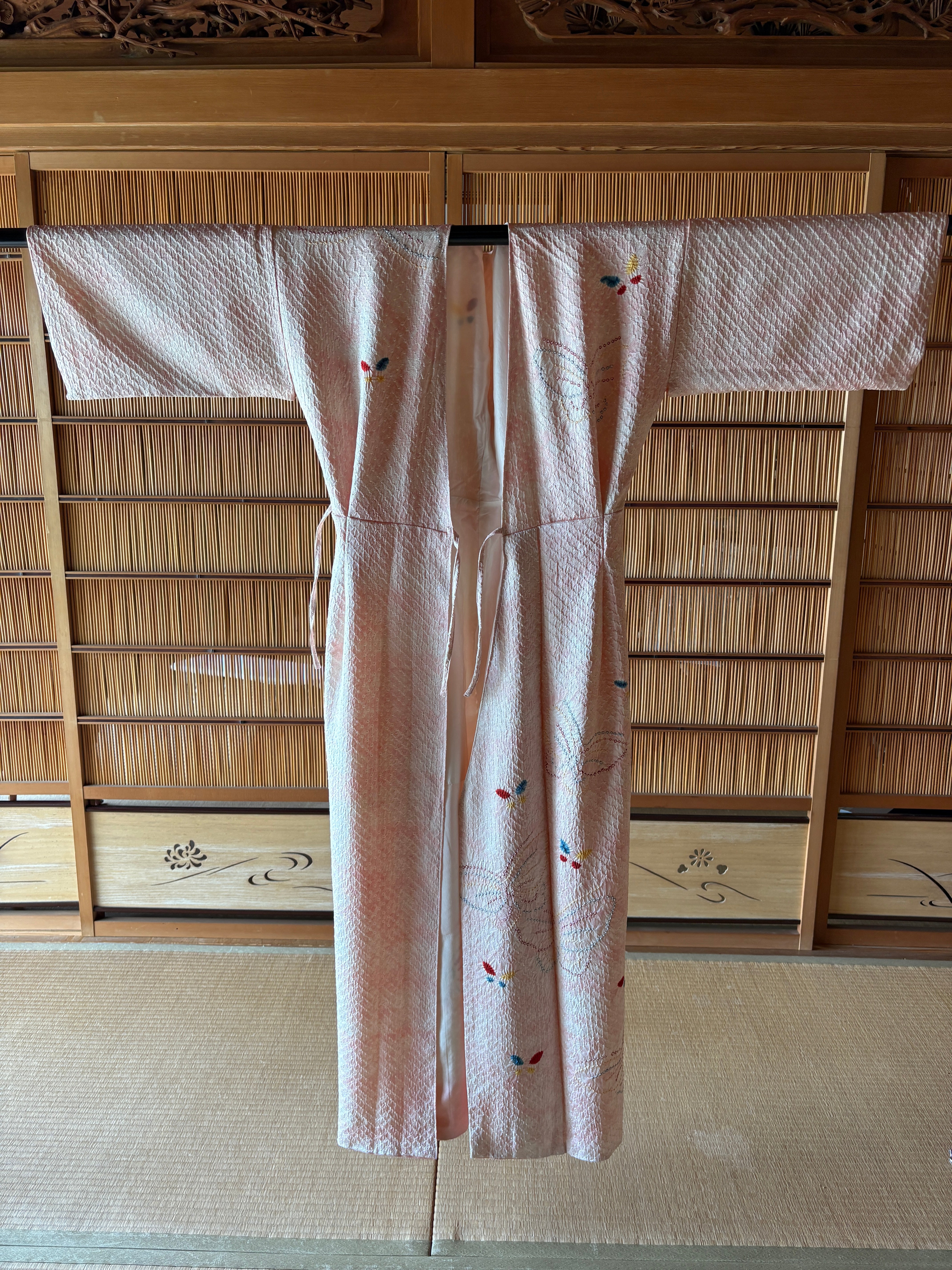 Vintage Shibori Silk Wrap Dress – Blush Pink Butterfly Kimono | One-of-a-Kind Luxury Dress