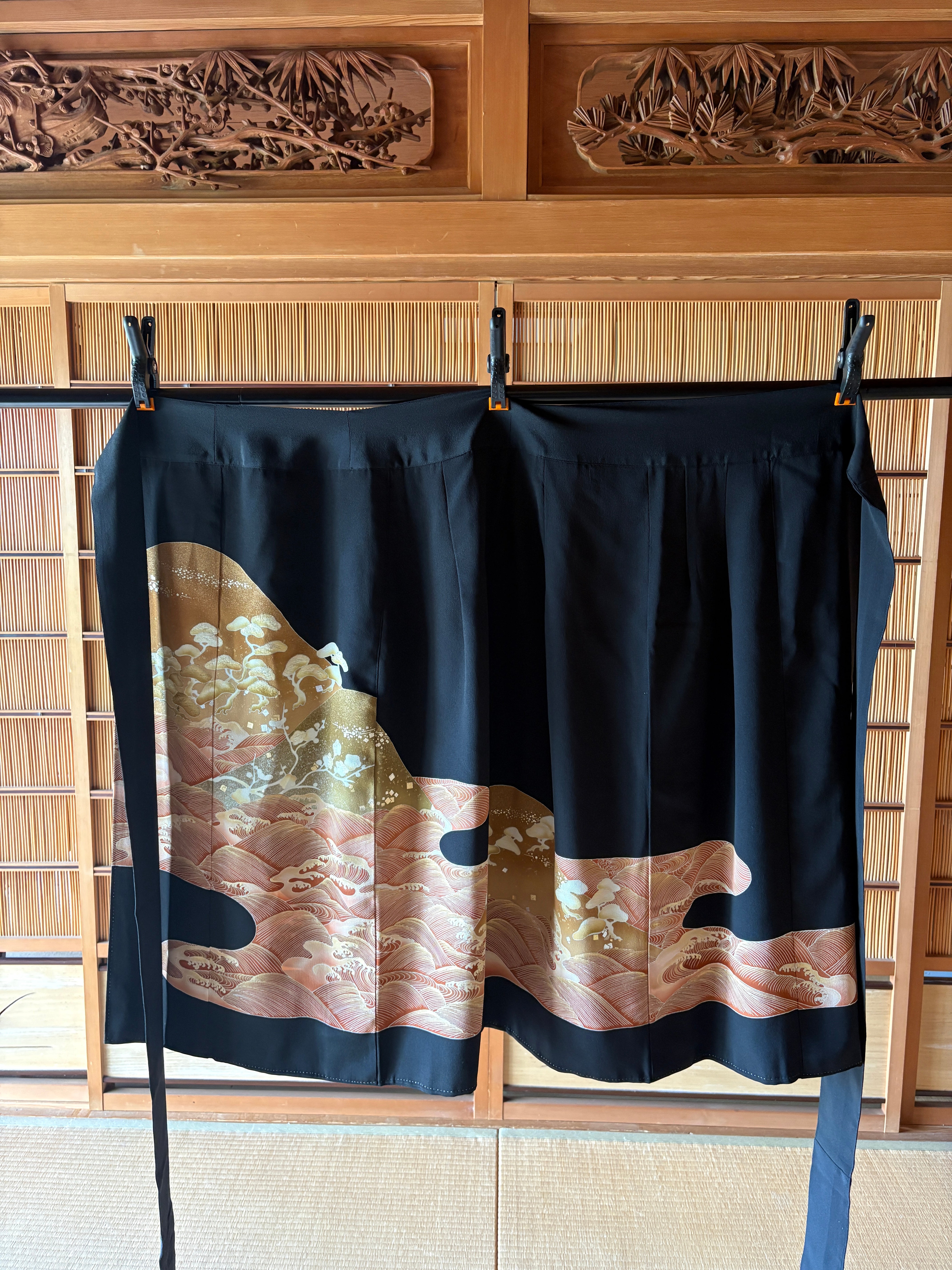 Vintage Silk Tomesode Wrap Skirt – Golden Waves & Pine Landscape | Convertible Dress