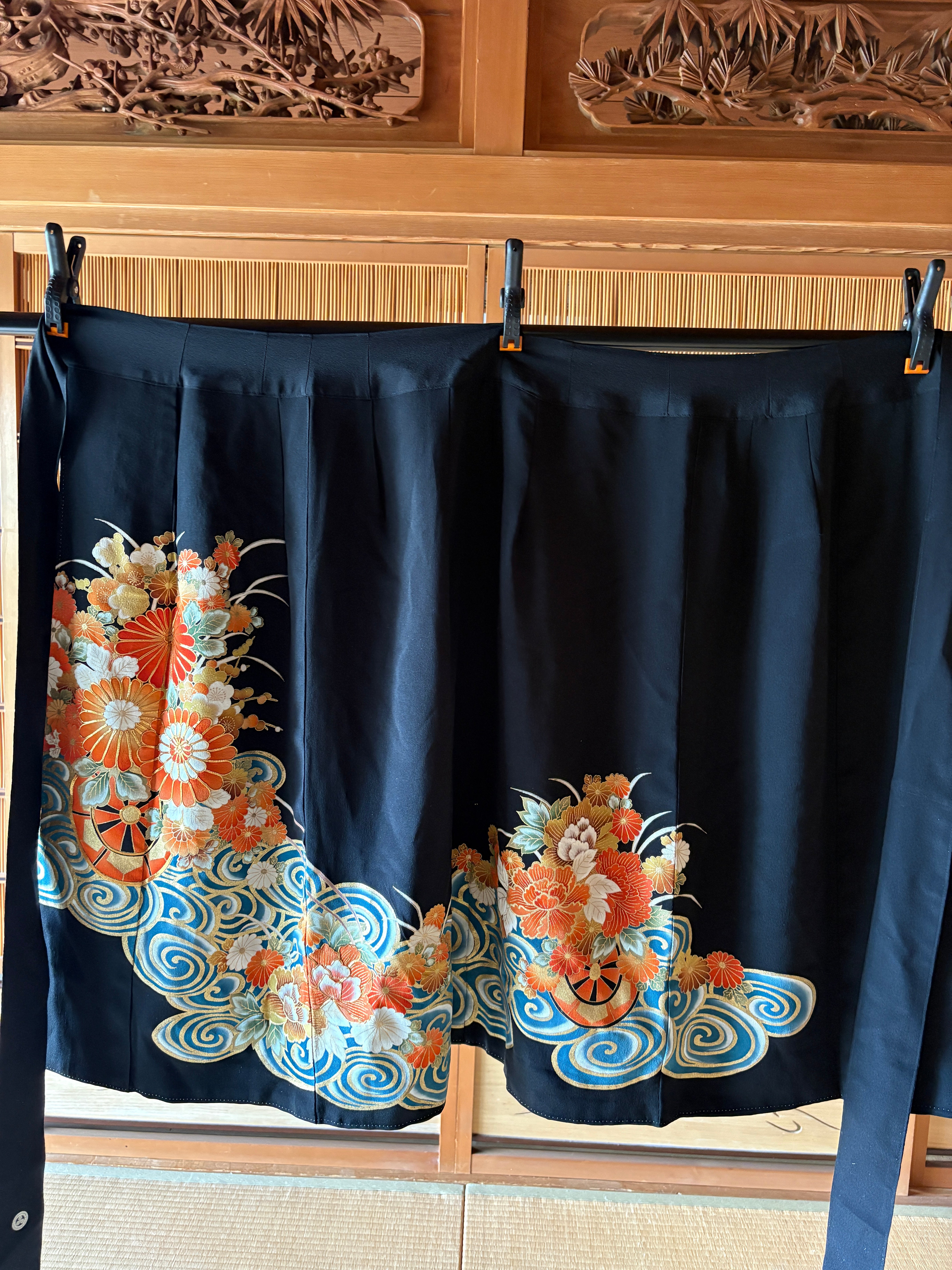 Vintage Silk Kimono Wrap Skirt / Convertible Dress – Waves and Floral Motifs
