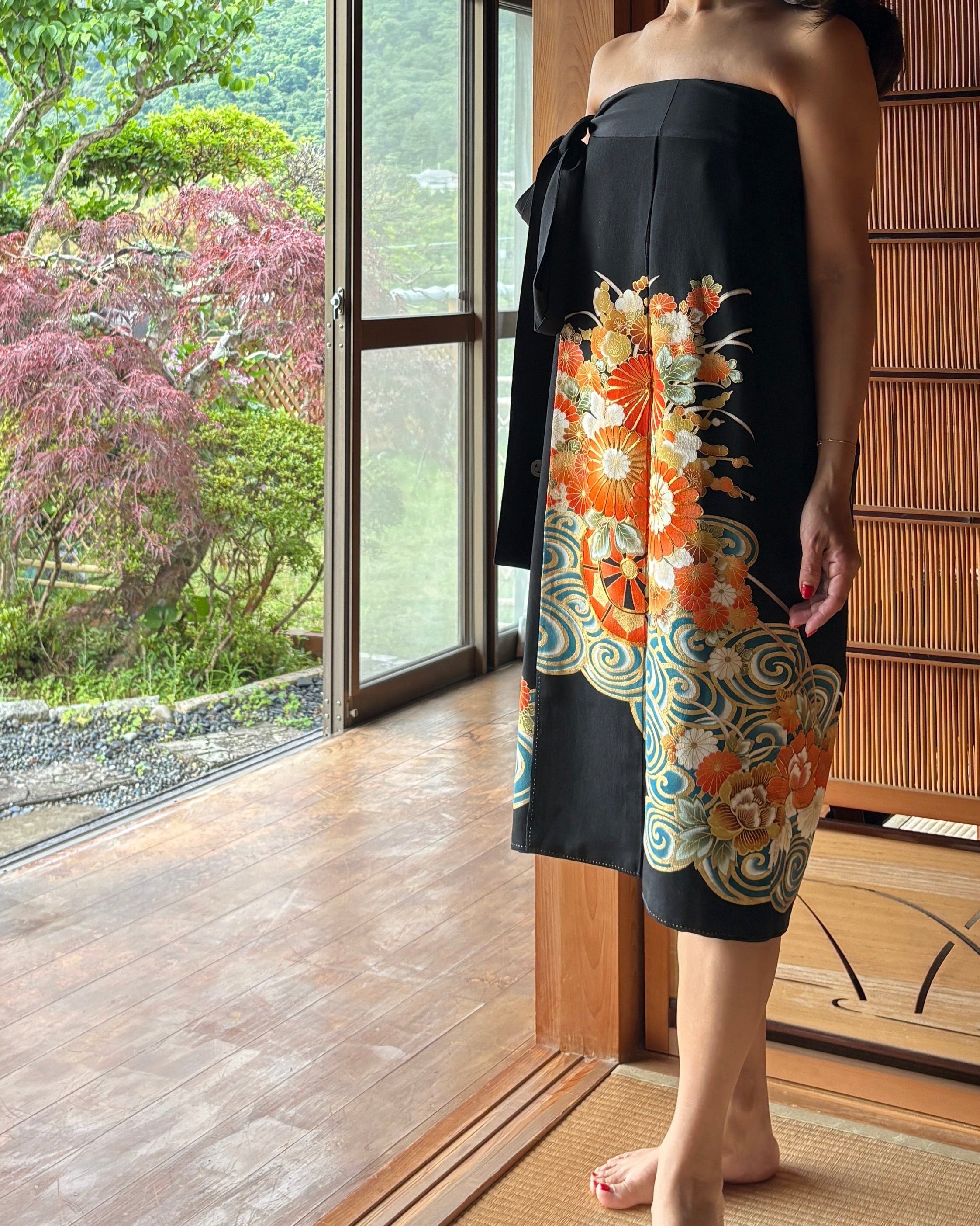 Vintage Silk Kimono Wrap Skirt / Convertible Dress – Waves and Floral Motifs