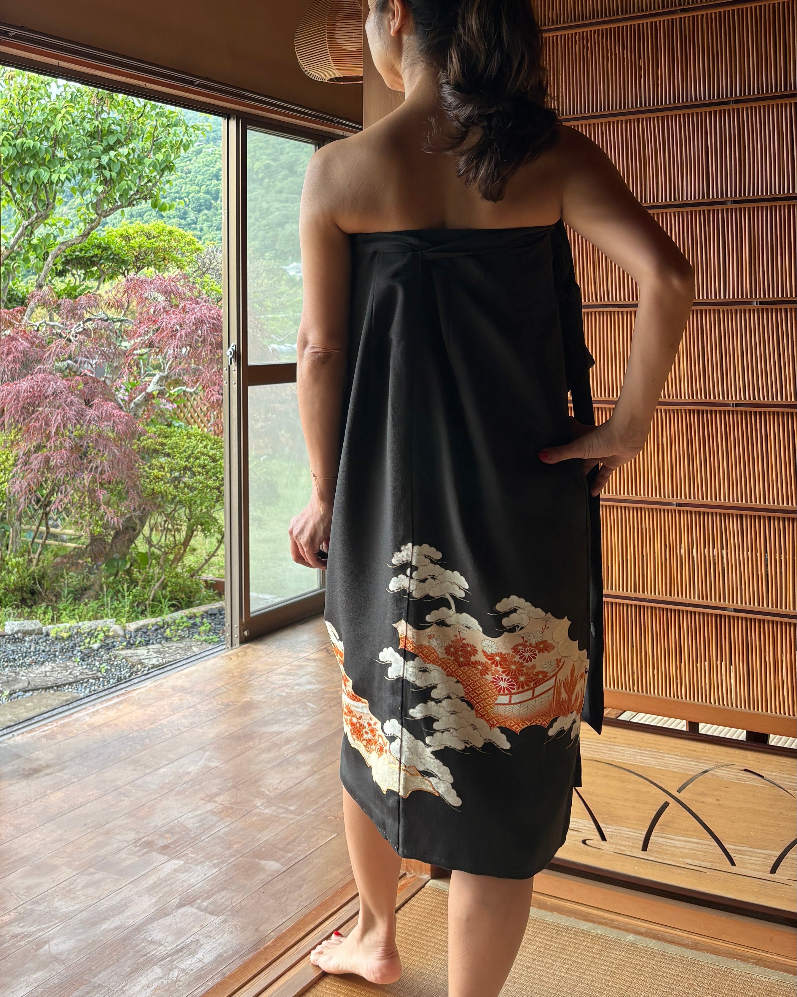 Vintage Silk Tomesode Wrap Skirt – Embroidered Japanese Landscape | Convertible Dress