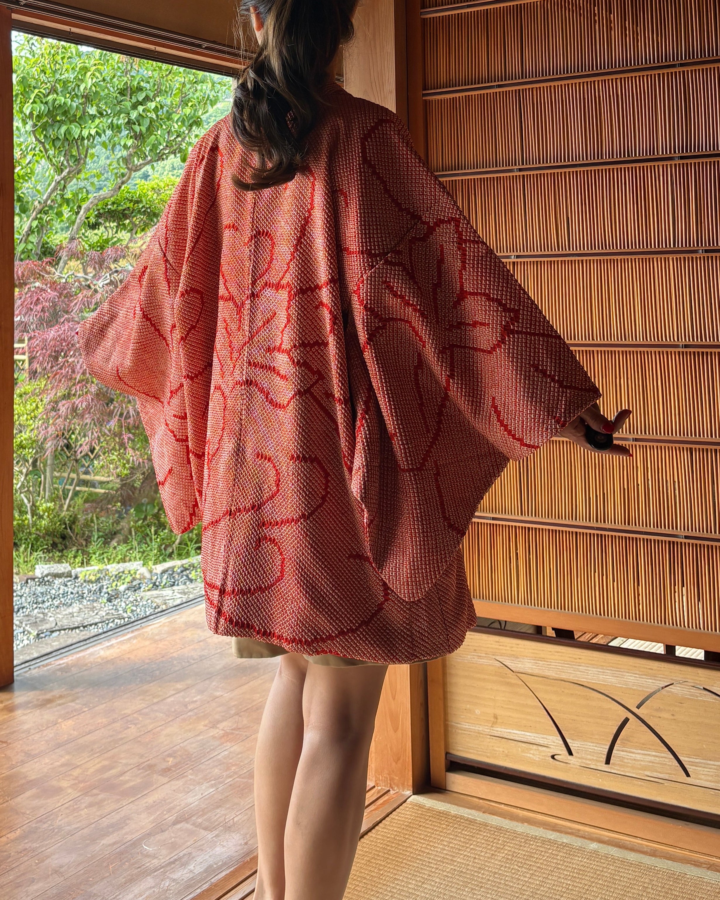 Vintage Silk Shibori Haori – Crimson Blossom